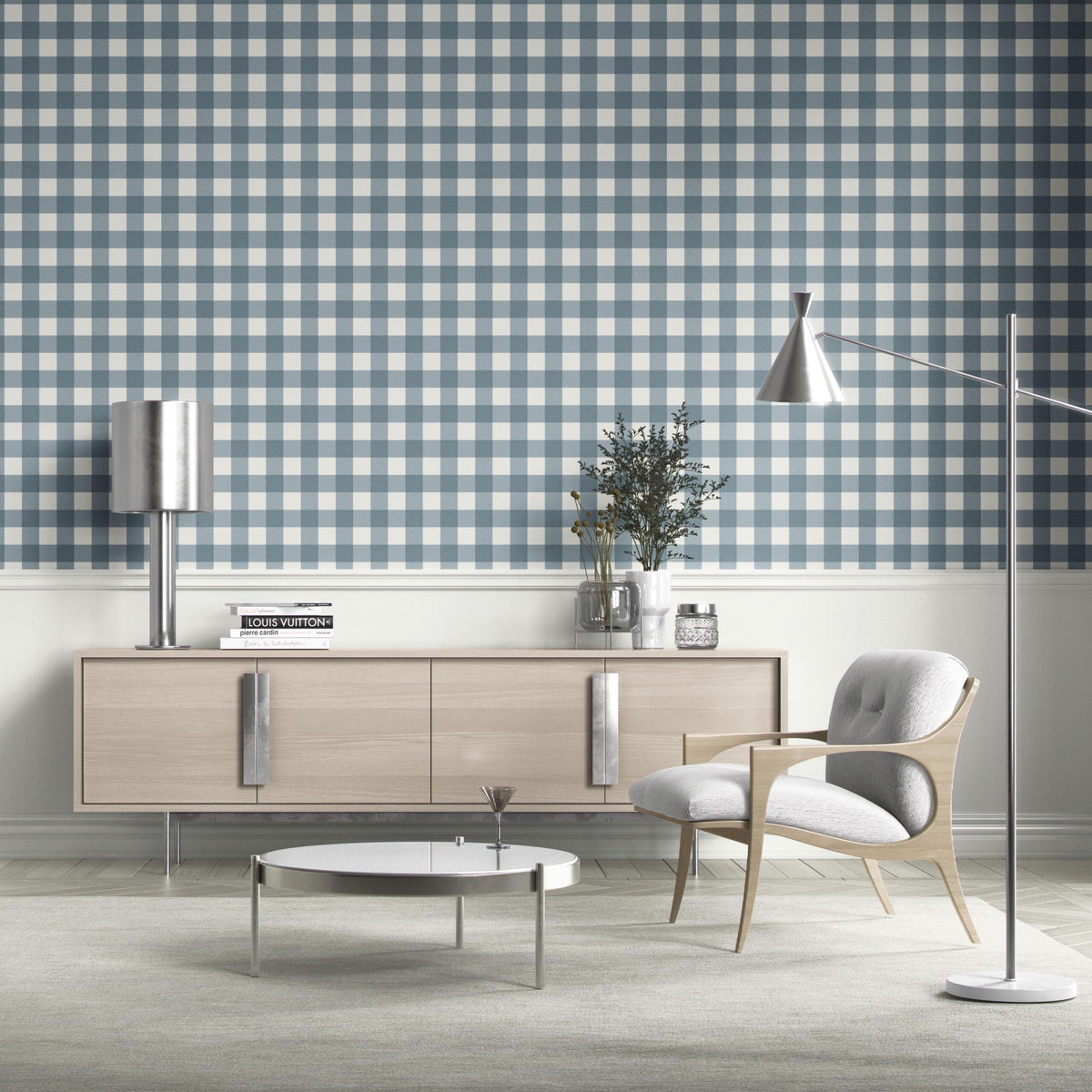Geometric Gingham Checkered Bathroom Wallpaper (Navy Blue)