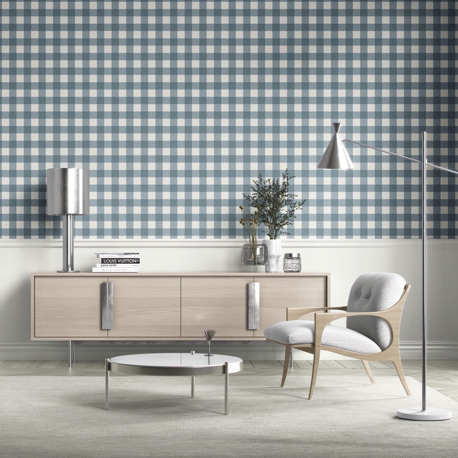 Geometric Gingham Checkered Bathroom Wallpaper (Navy Blue)