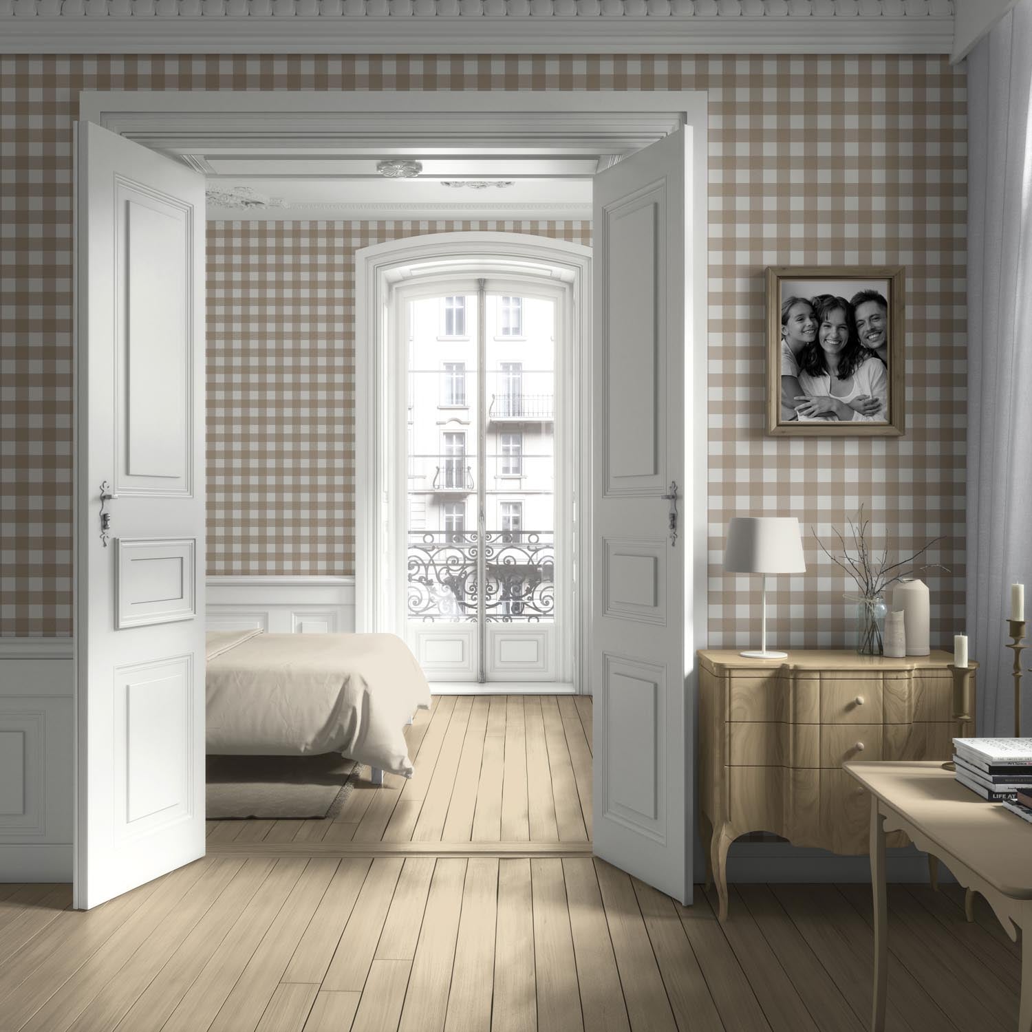 Neutral Geometric Gingham Checkered Kitchen Wallpaper (Light Beige/ Greige)