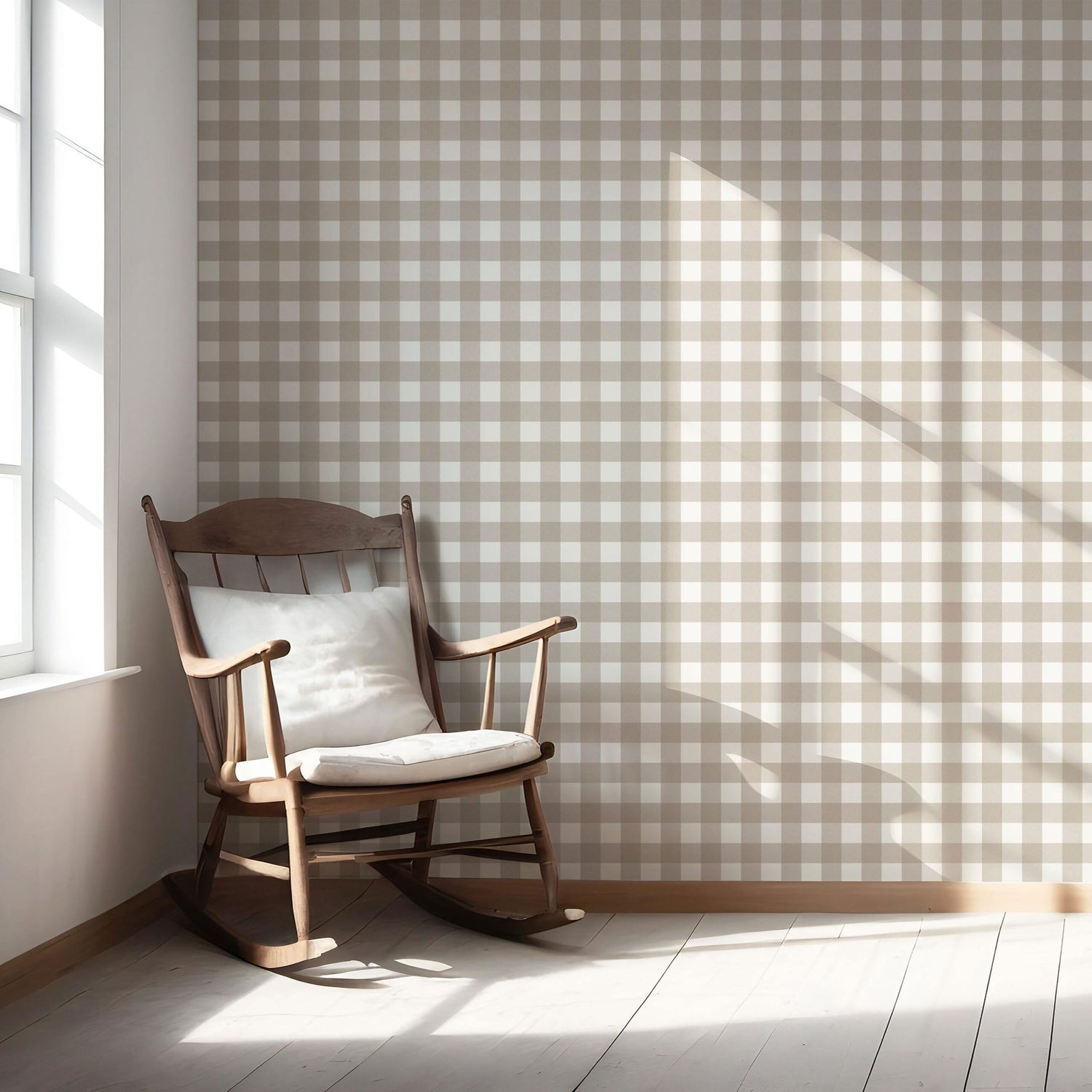 Neutral Geometric Gingham Checkered Nursery Wallpaper (Light Beige/ Greige)