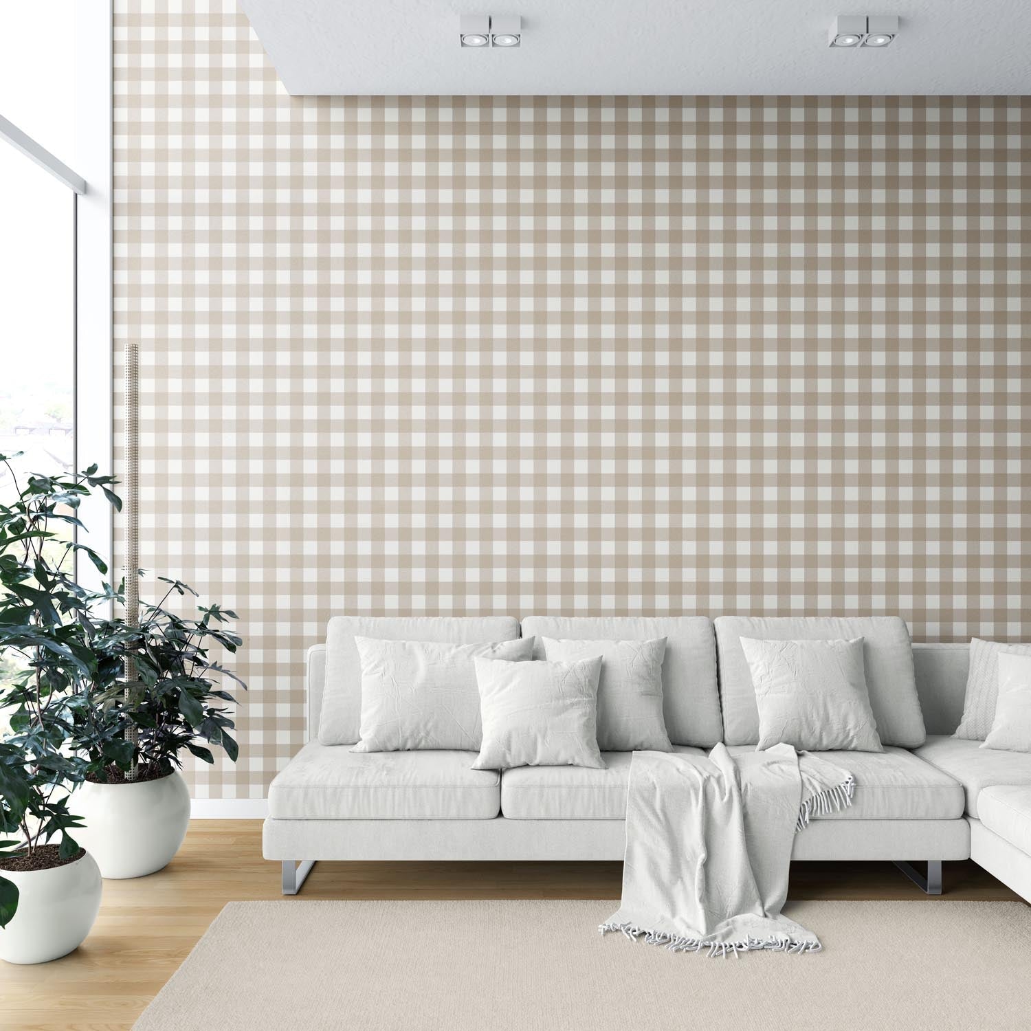 Neutral Geometric Gingham Checkered Shower Toilet Wallpaper (Light Beige/ Greige)