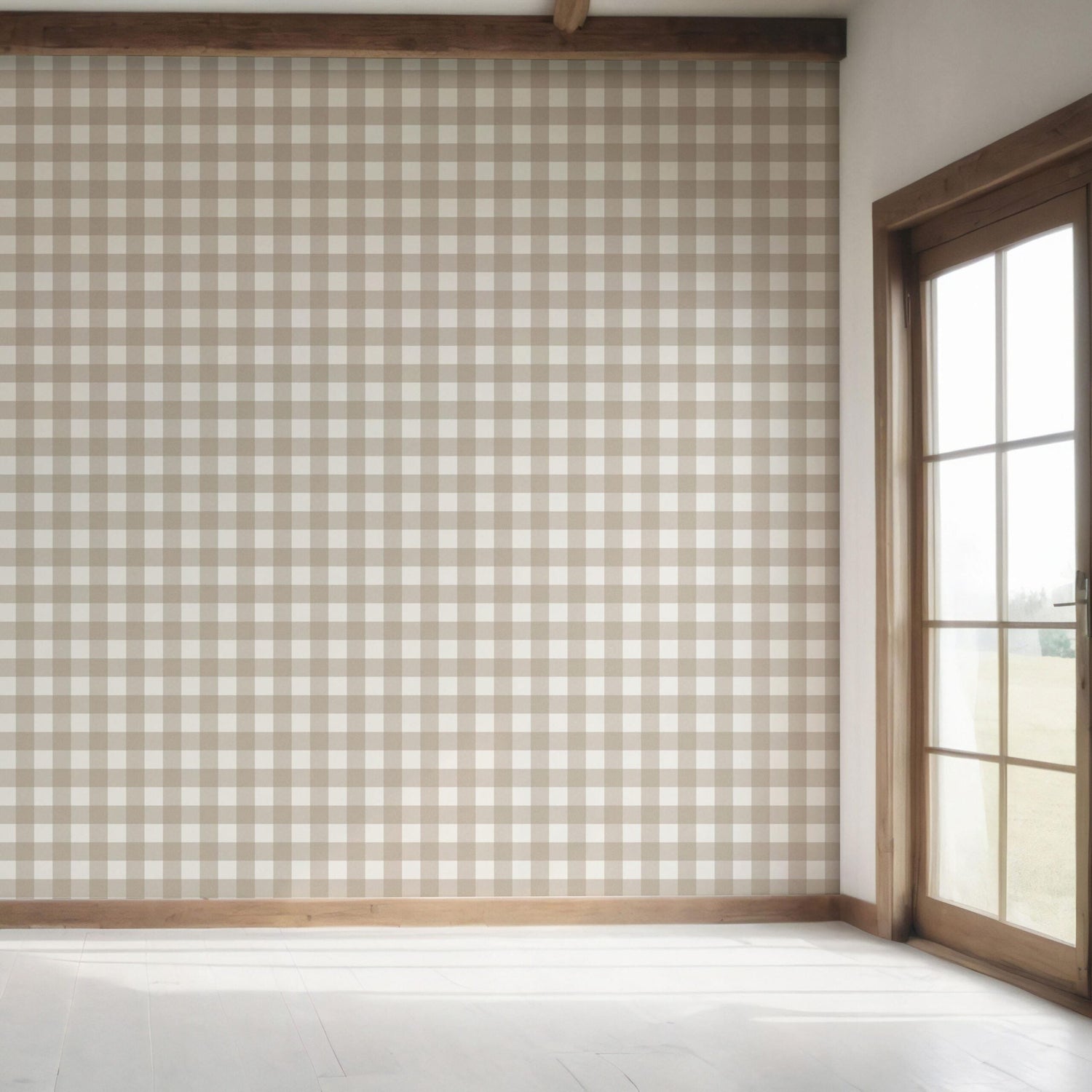 Neutral Geometric Gingham Checkered Bedroom Wallpaper (Light Beige/ Greige)
