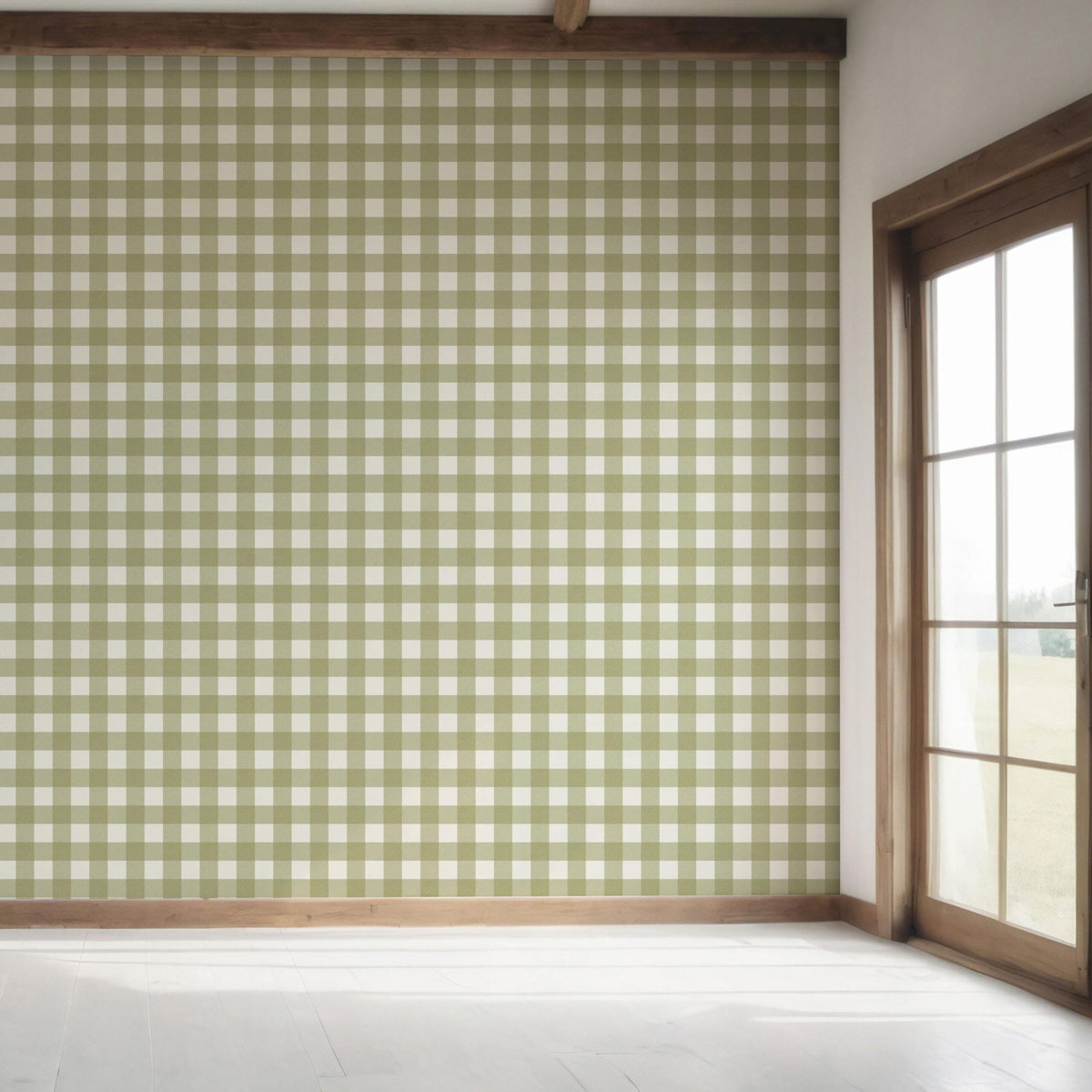 Geometric Gingham Checkered Bedroom Wallpaper (Olive Green)