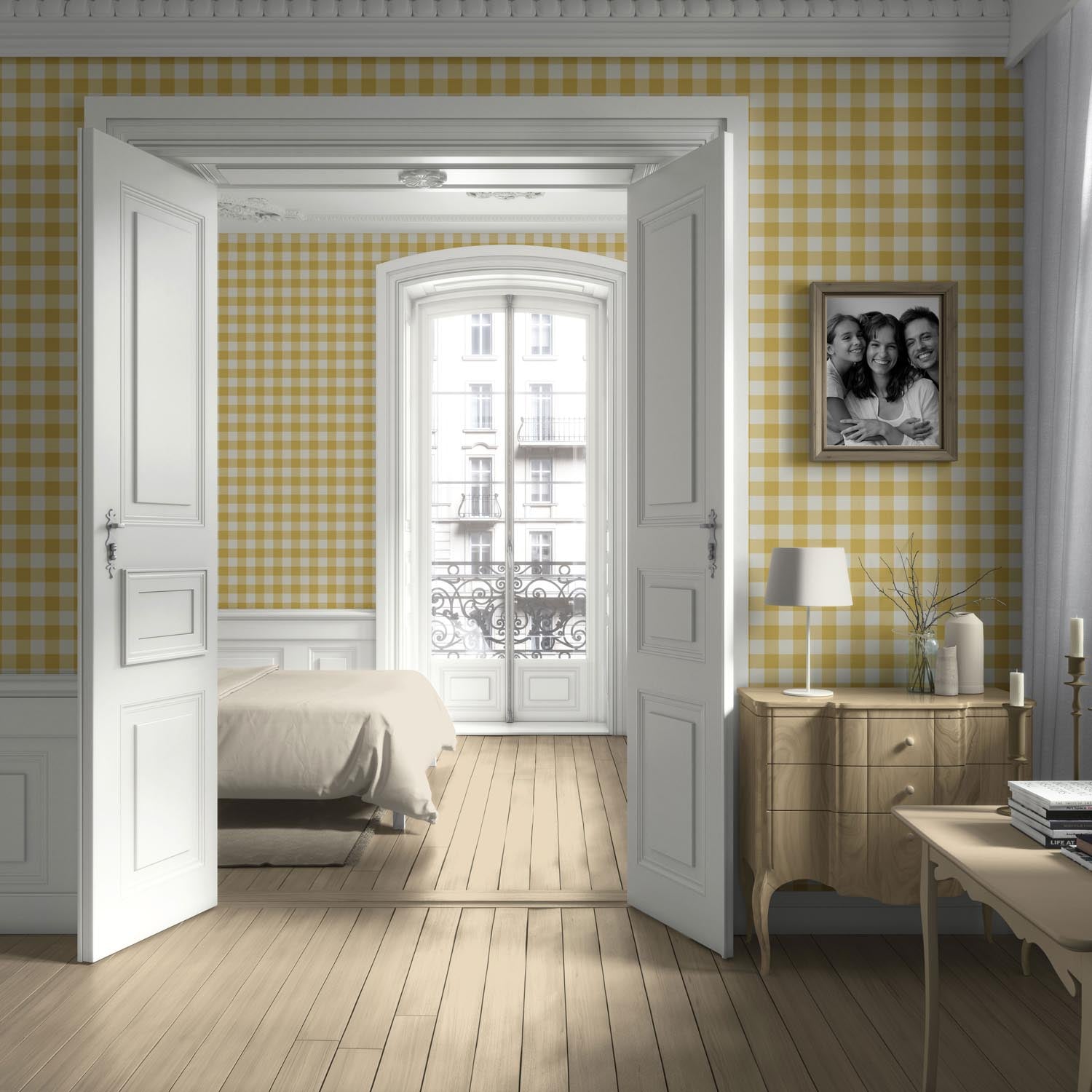 Geometric Gingham Checkered Kitchen Wallpaper (Naples Yellow)
