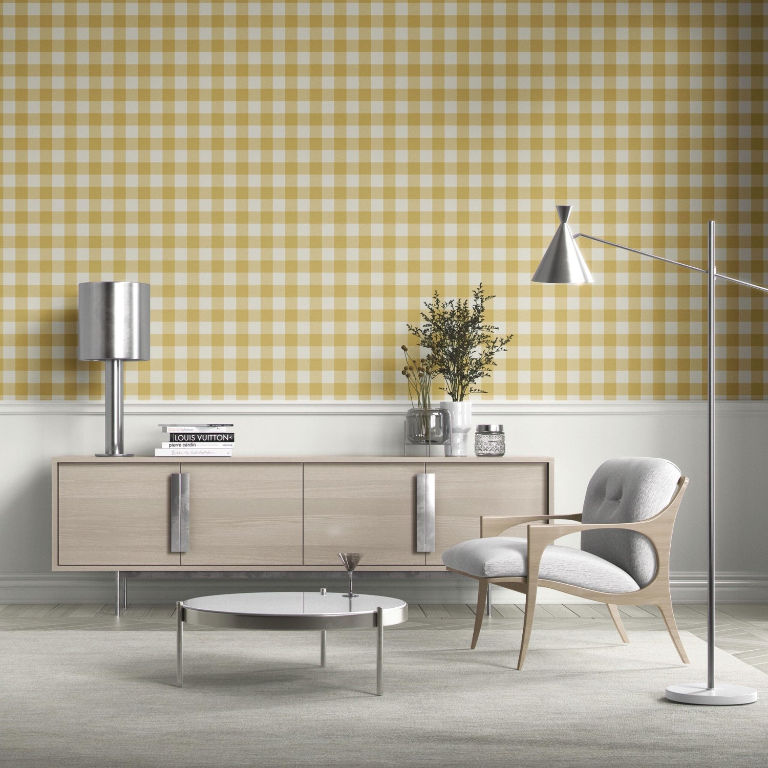 Geometric Gingham Checkered Bathroom Wallpaper (Naples Yellow)