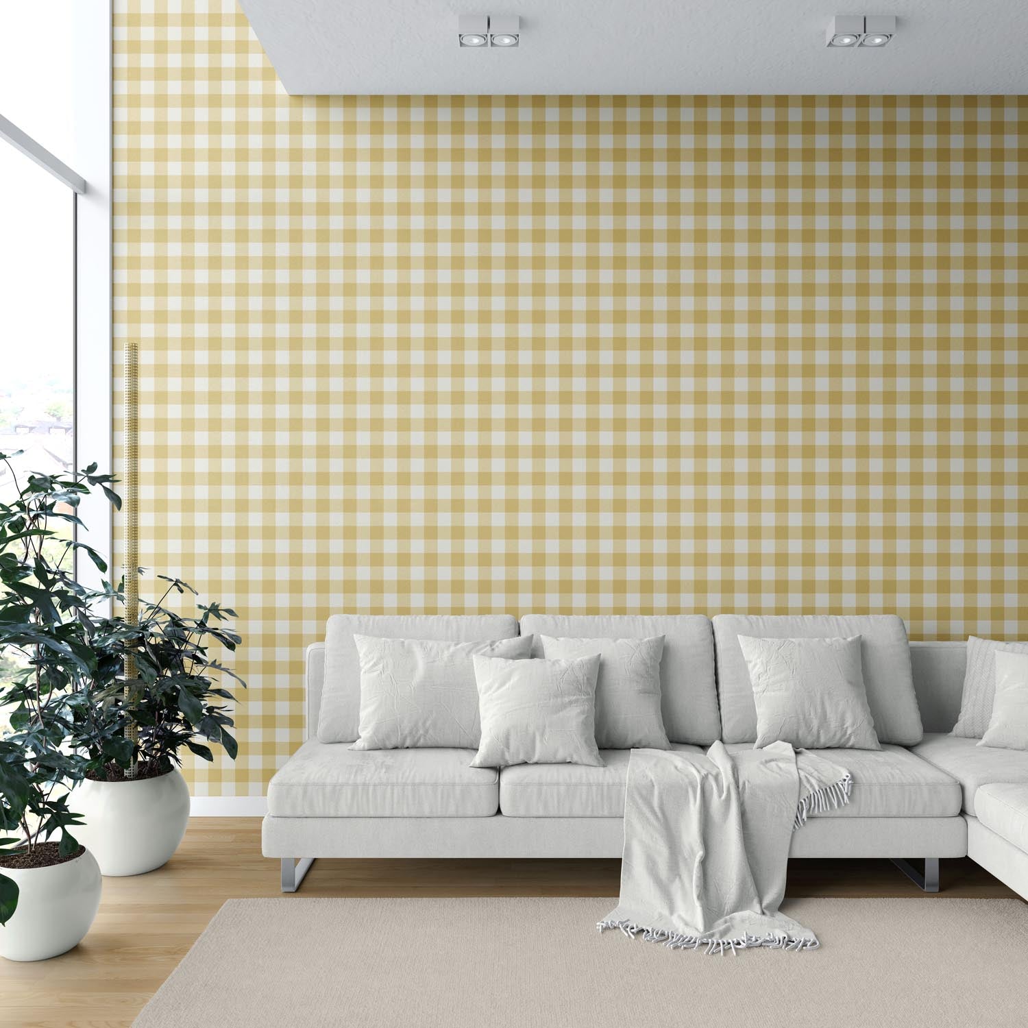 Geometric Gingham Checkered Shower Toilet Wallpaper (Naples Yellow)