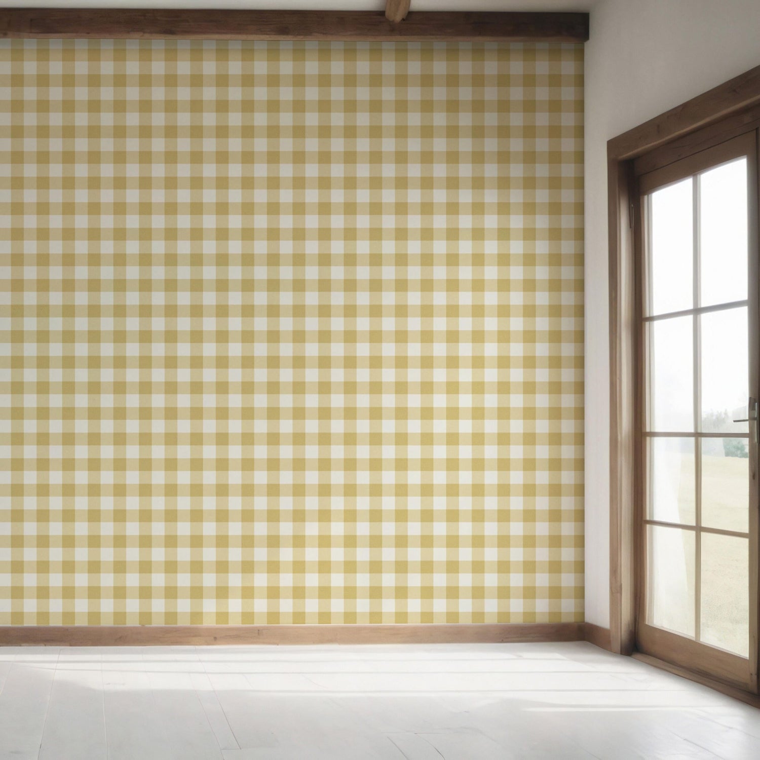 Geometric Gingham Checkered Bedroom Wallpaper (Naples Yellow)