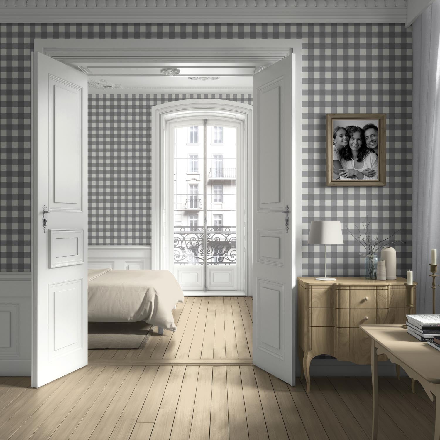 Neutral Geometric Gingham Checkered Kitchen Wallpaper (Ash Gray)