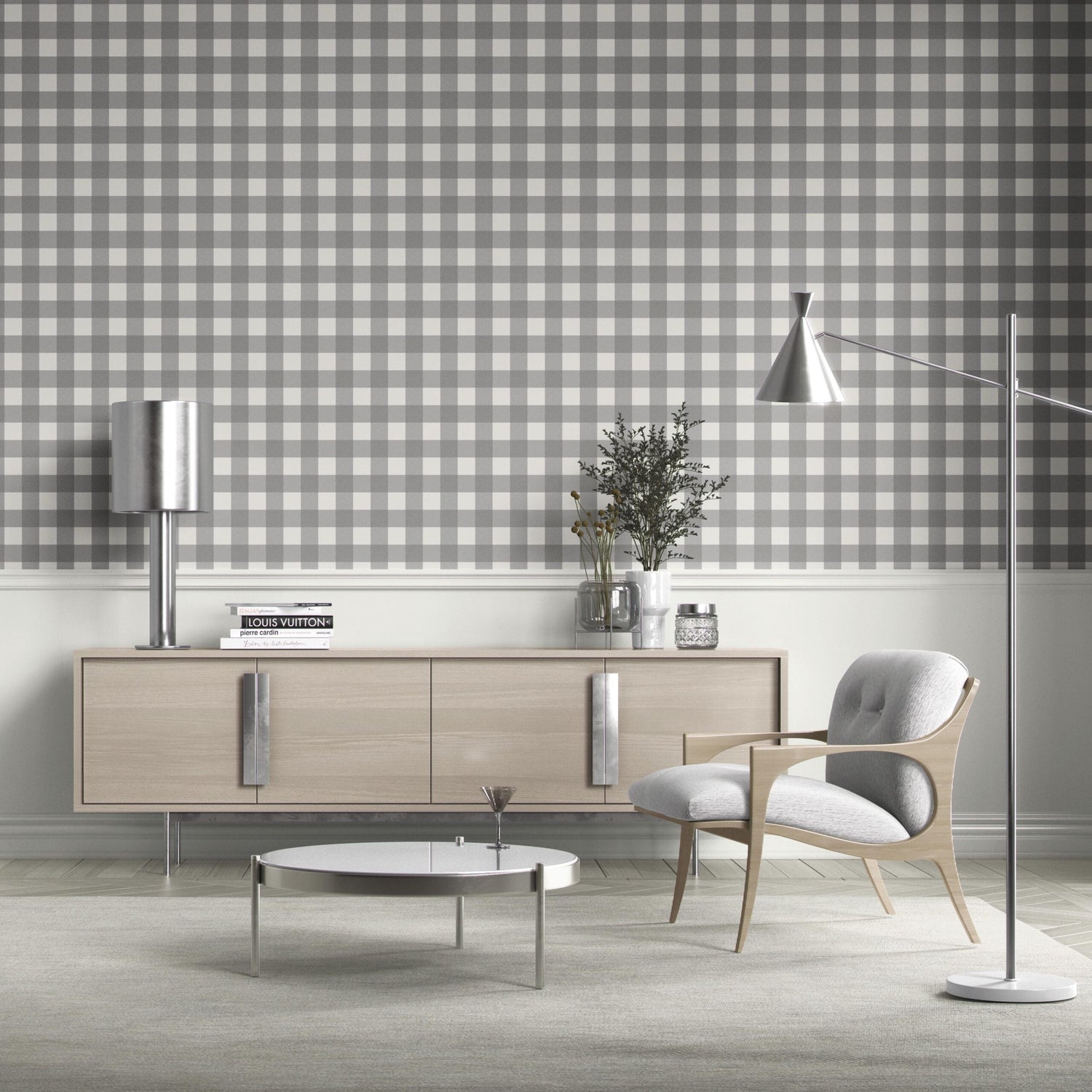 Neutral Geometric Gingham Checkered Bathroom Wallpaper (Ash Gray)