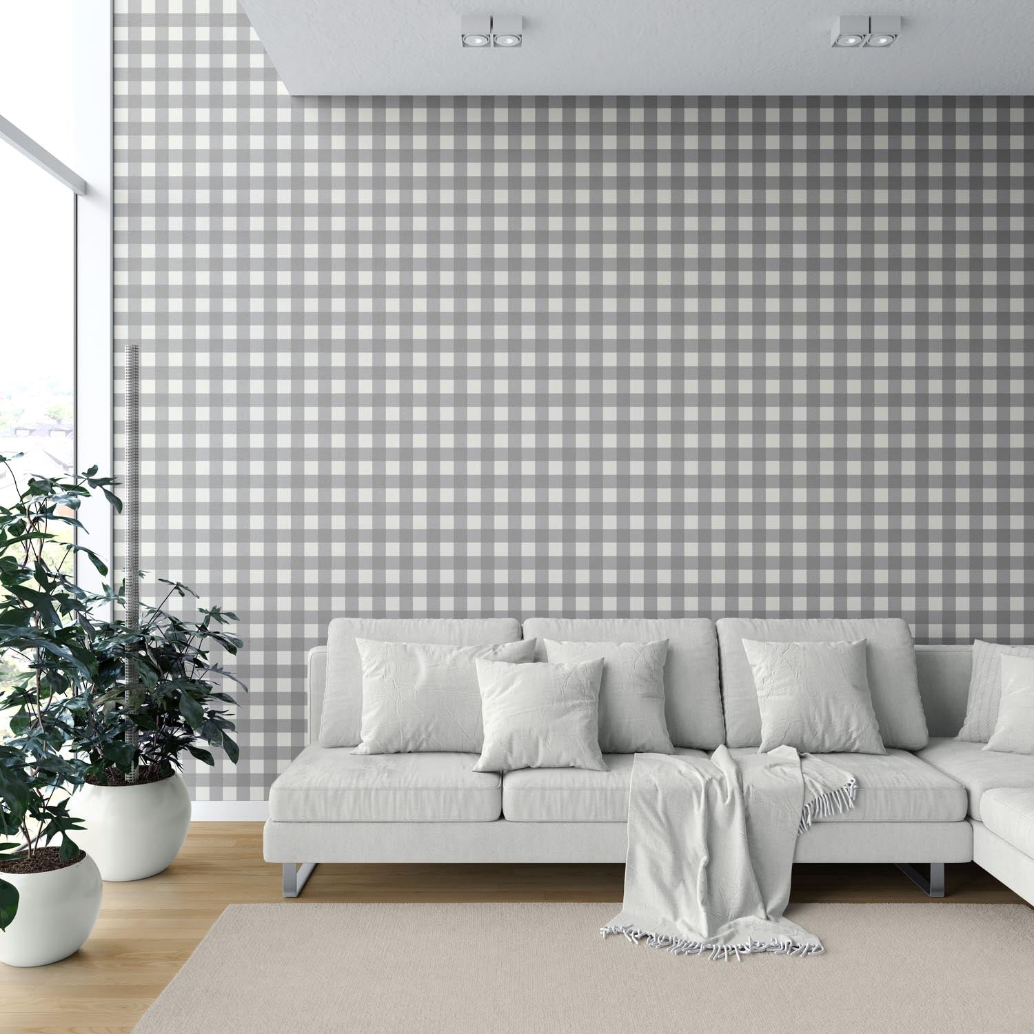 Neutral Geometric Gingham Checkered Shower Toilet Wallpaper (Ash Gray)