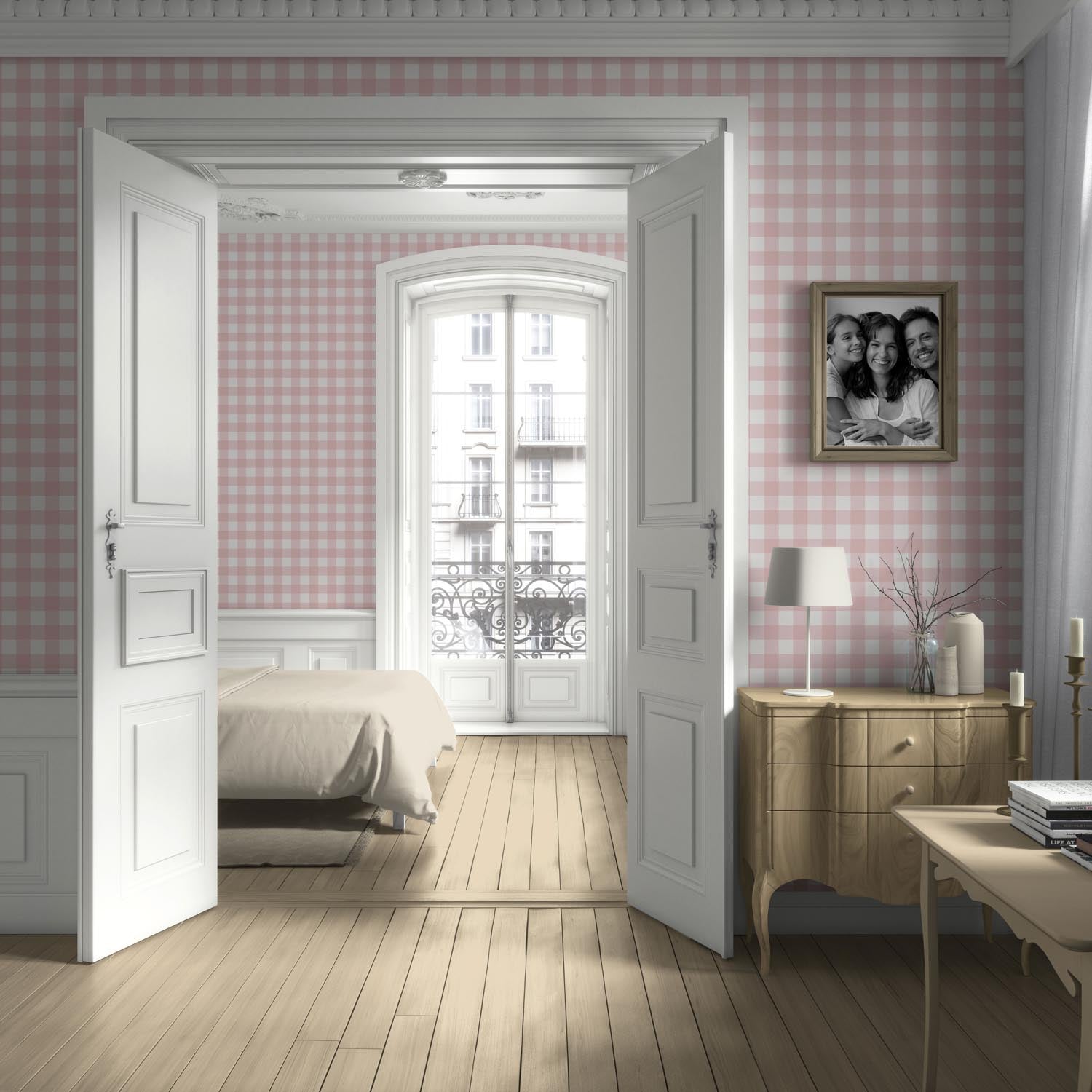 Geometric Gingham Checkered Kitchen Wallpaper (Baby Pink)