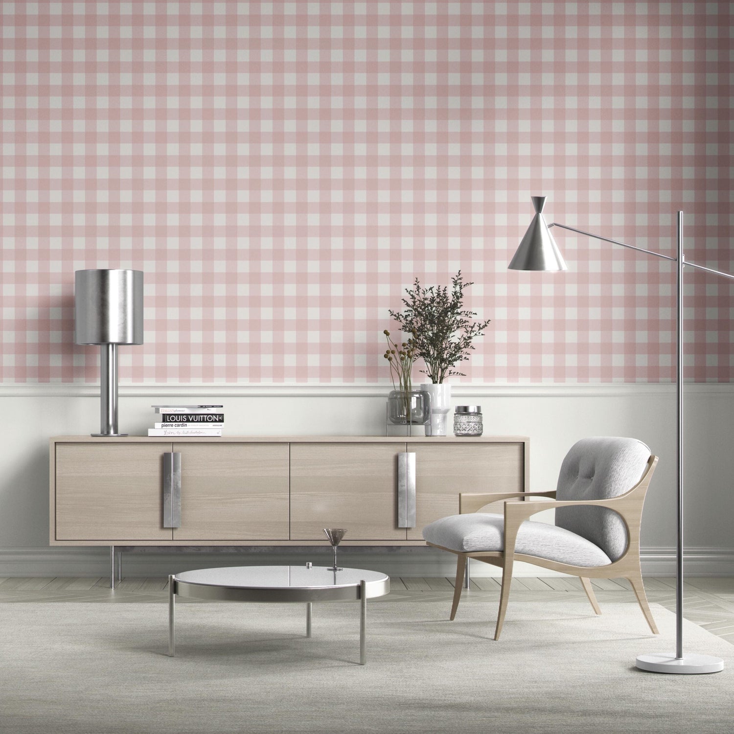 Geometric Gingham Checkered Bathroom Wallpaper (Baby Pink)