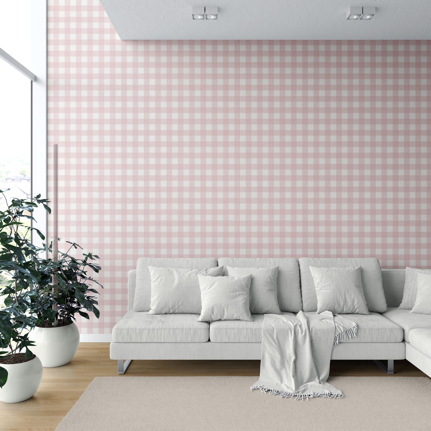 Geometric Gingham Checkered Shower Toilet Wallpaper (Baby Pink)