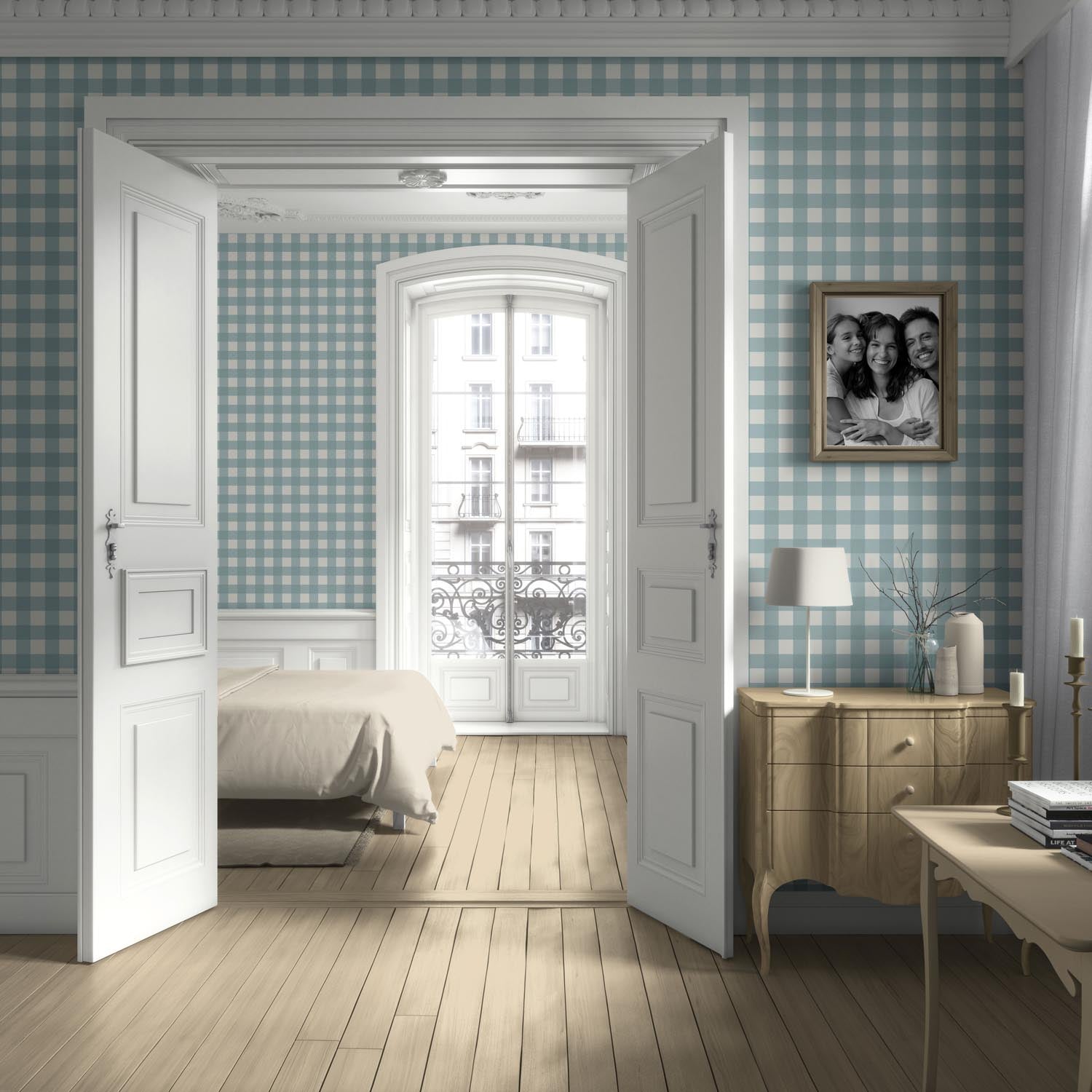 Geometric Gingham Checkered Kitchen Wallpaper (Seafoam Blue)