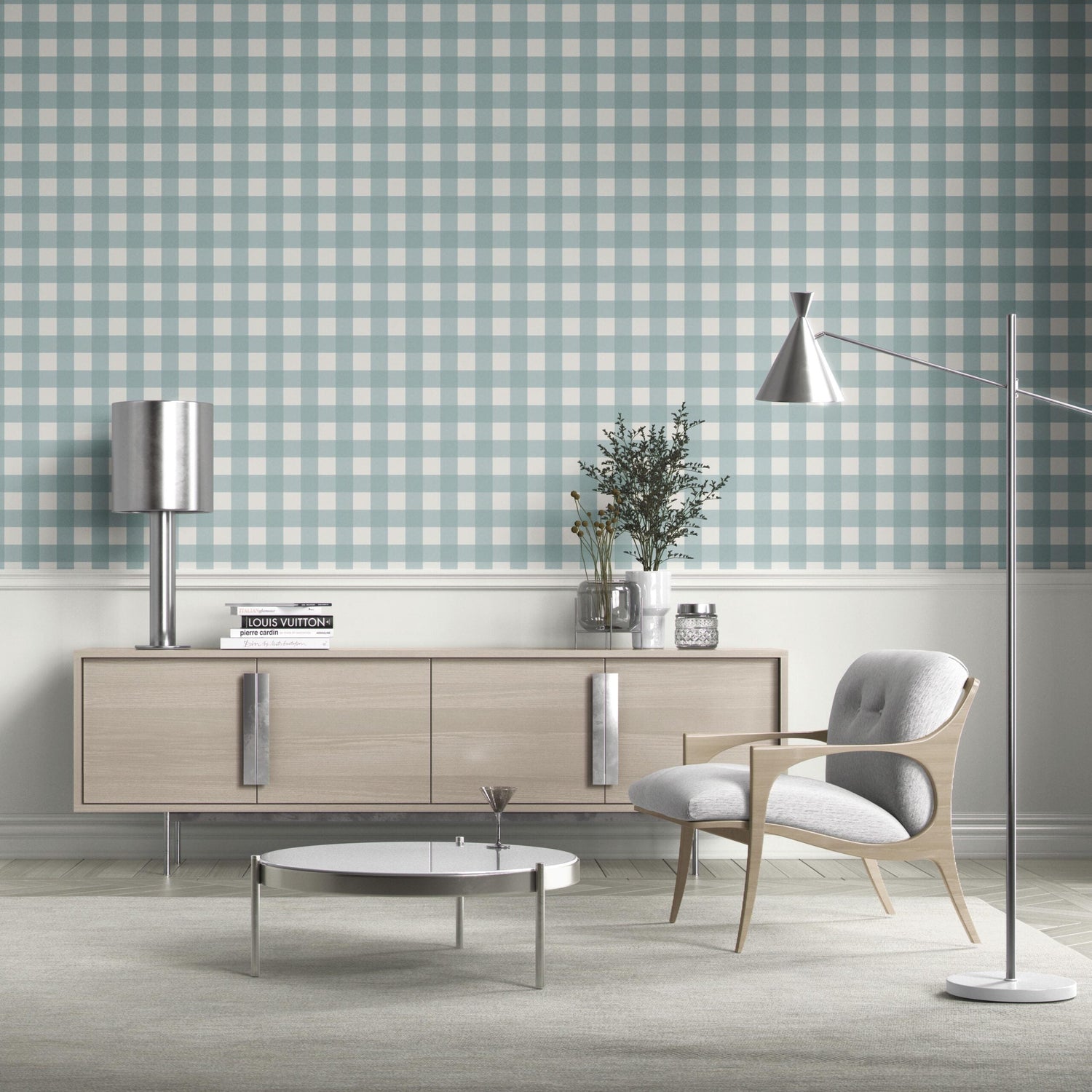 Geometric Gingham Checkered Bathroom Wallpaper (Seafoam Blue)