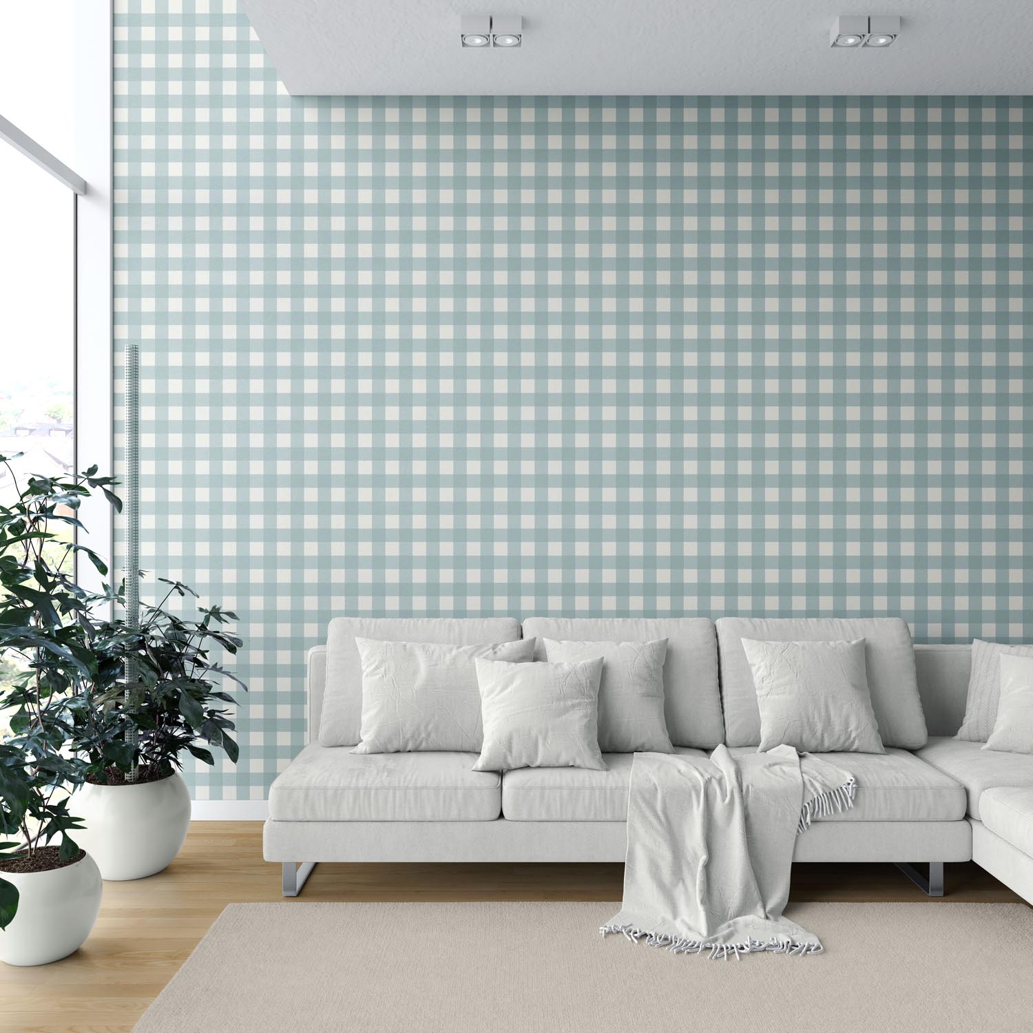 Geometric Gingham Checkered Shower Toilet Wallpaper (Seafoam Blue)