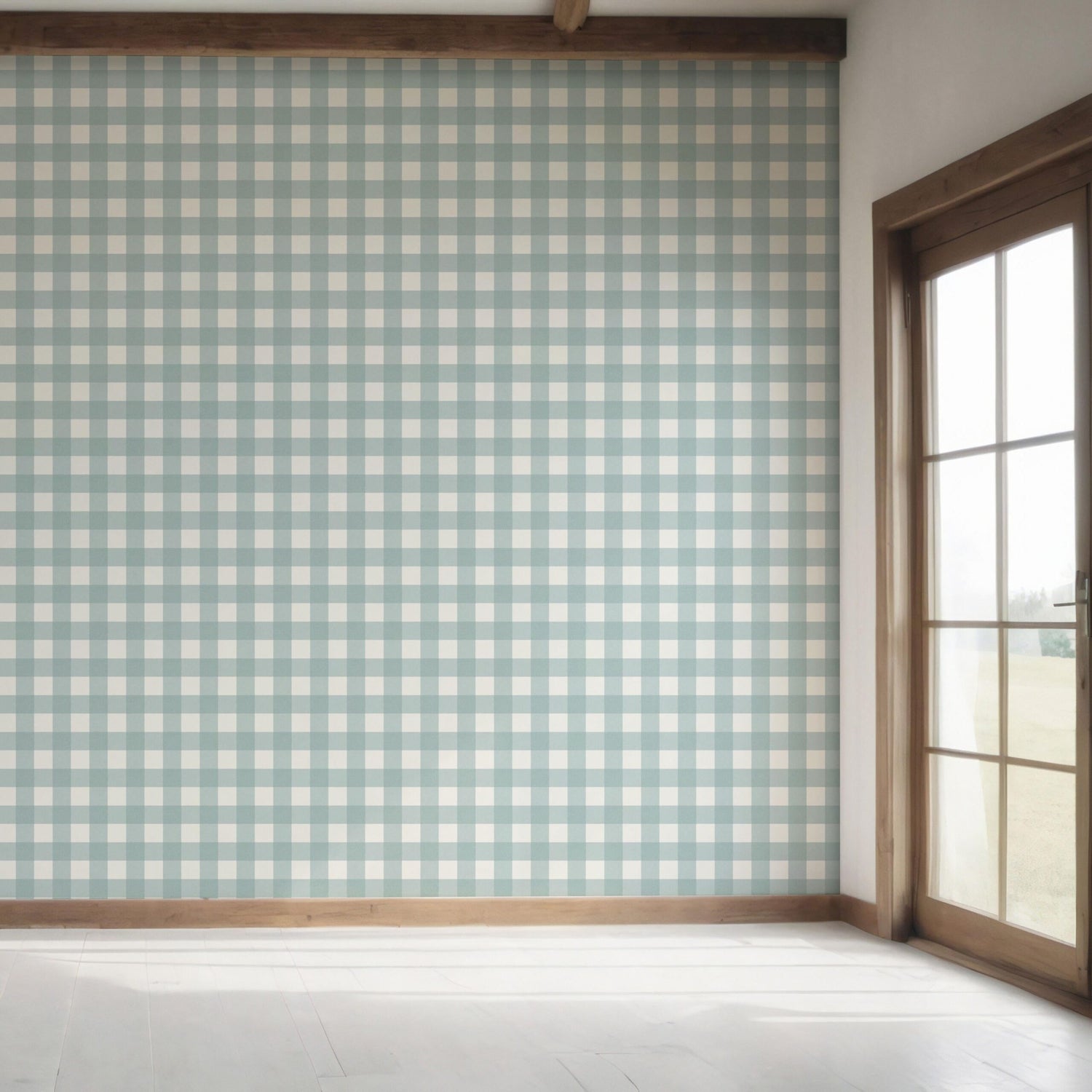 Geometric Gingham Checkered Bedroom Wallpaper (Seafoam Blue)
