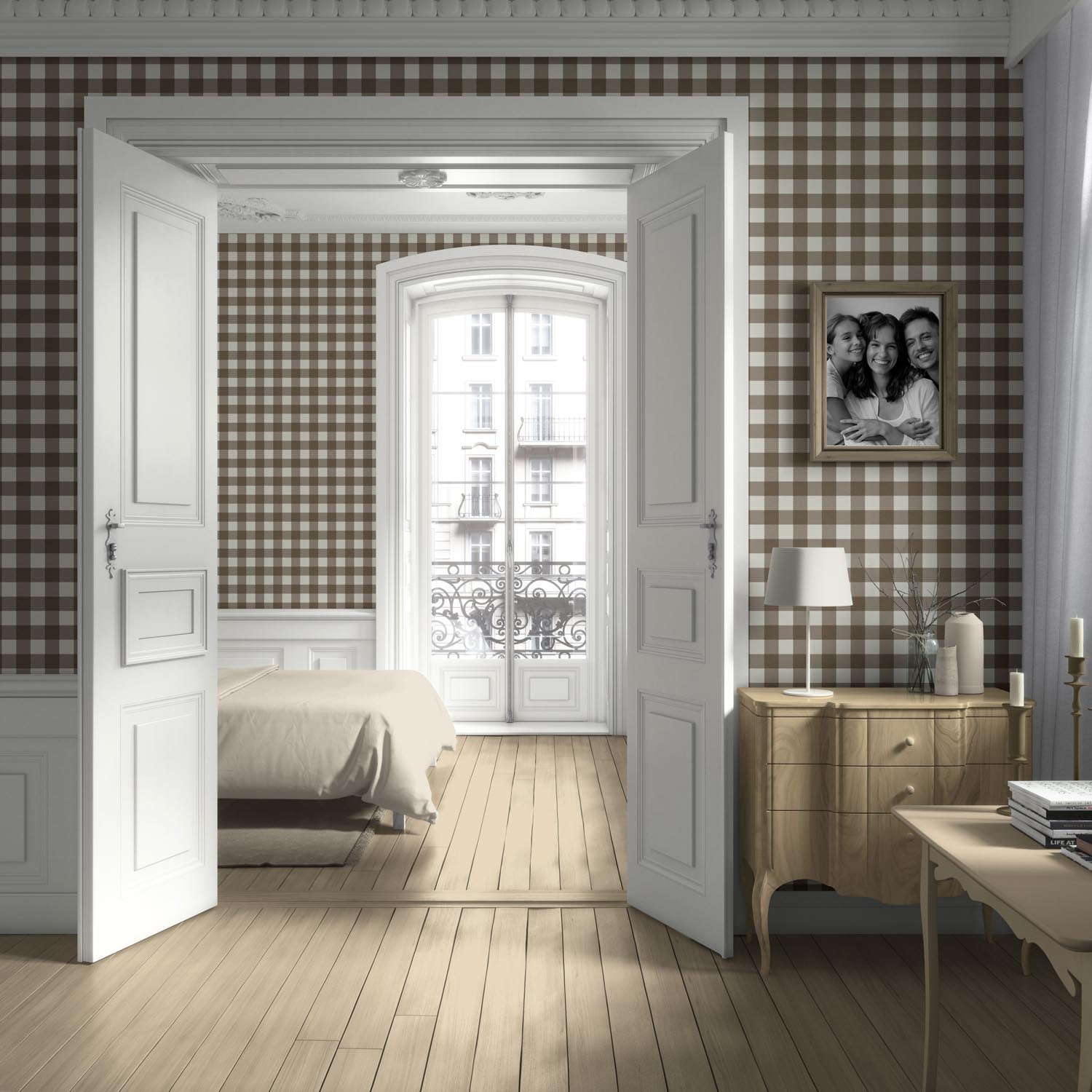 Neutral Geometric Gingham Checkered Kitchen Wallpaper (Taupe Brown)