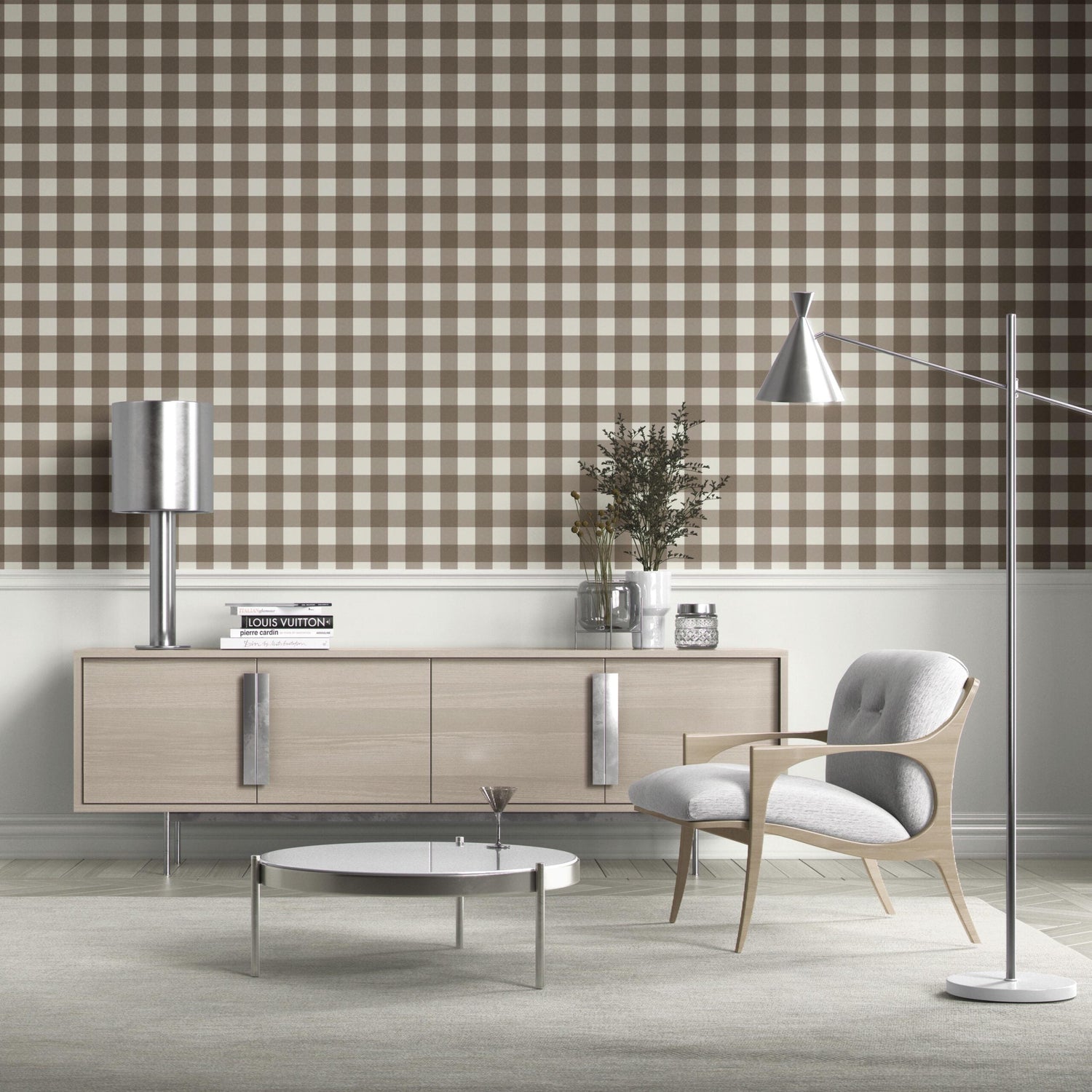 Neutral Geometric Gingham Checkered Bathroom Wallpaper (Taupe Brown)