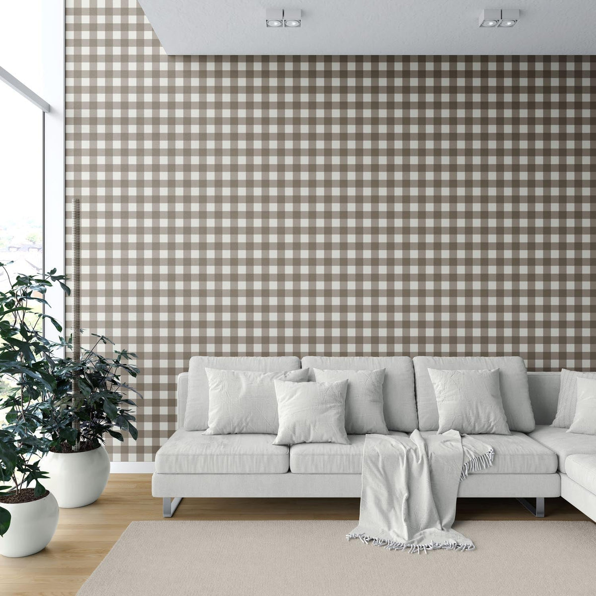 Neutral Geometric Gingham Checkered Shower Toilet Wallpaper (Taupe Brown)