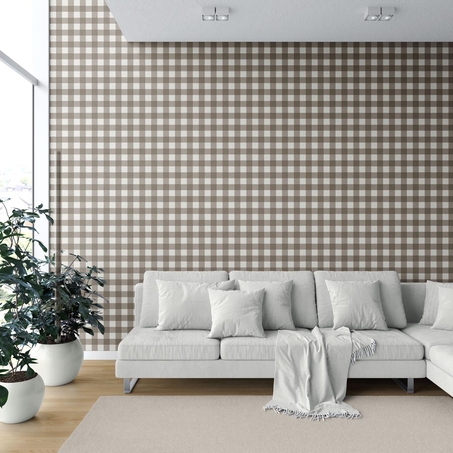 Neutral Geometric Gingham Checkered Shower Toilet Wallpaper (Taupe Brown)