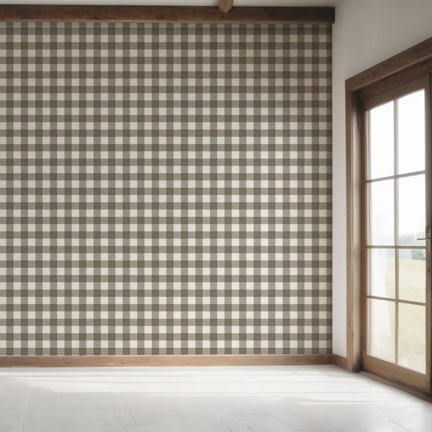 Neutral Geometric Gingham Checkered Bedroom Wallpaper (Taupe Brown)