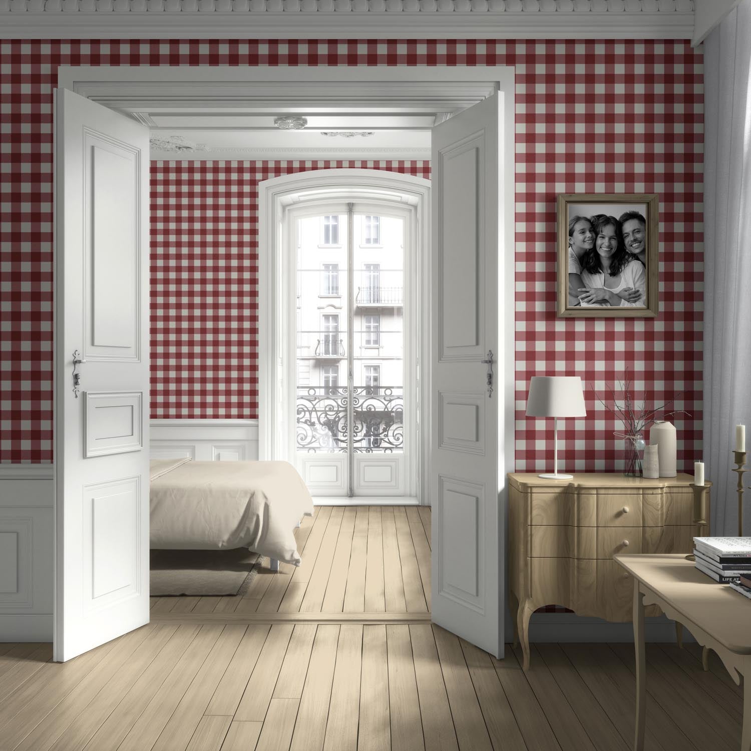 Geometric Gingham Checkered Kitchen Wallpaper (Burgundy Red)