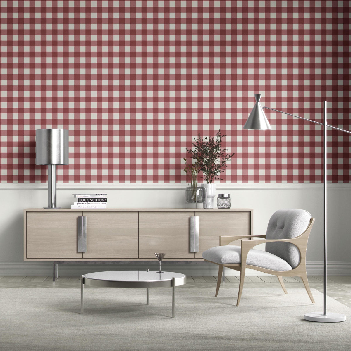 Geometric Gingham Checkered Bathroom Wallpaper (Burgundy Red)