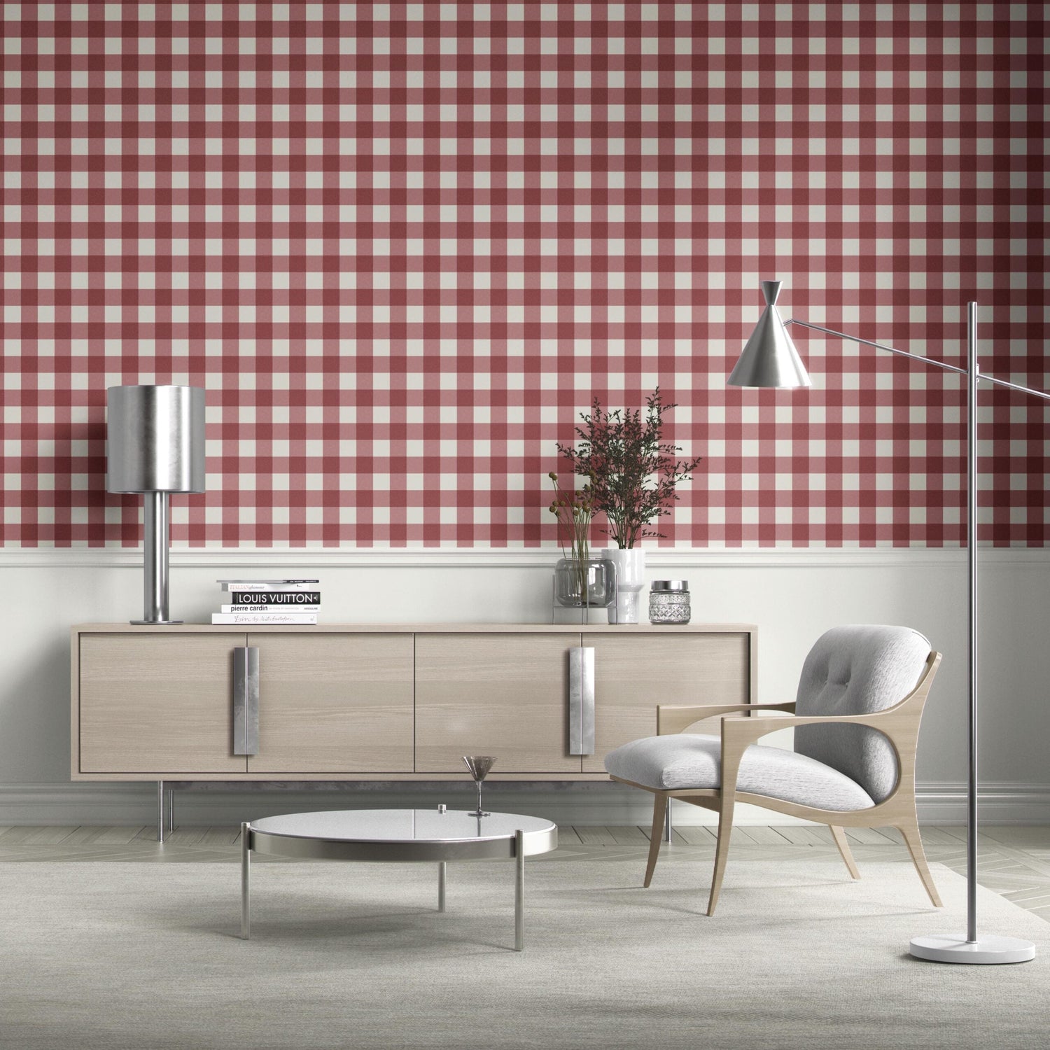 Geometric Gingham Checkered Bathroom Wallpaper (Burgundy Red)