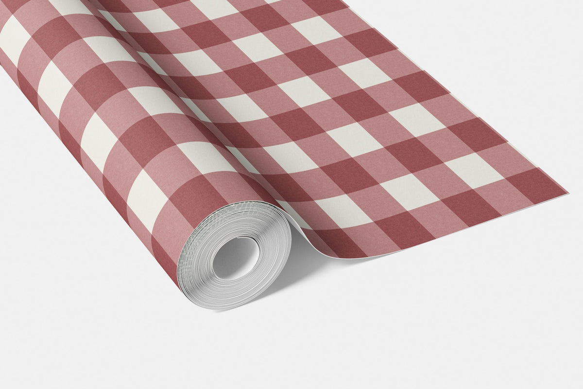 Geometric Gingham Checkered Living Room Wallpaper (Burgundy Red)