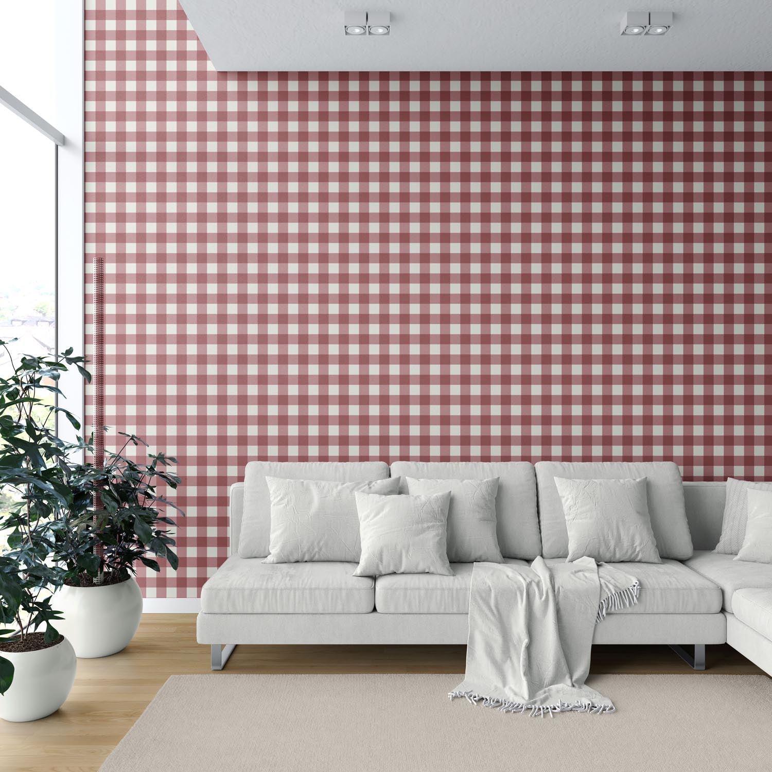 Geometric Gingham Checkered Shower Toilet Wallpaper (Burgundy Red)