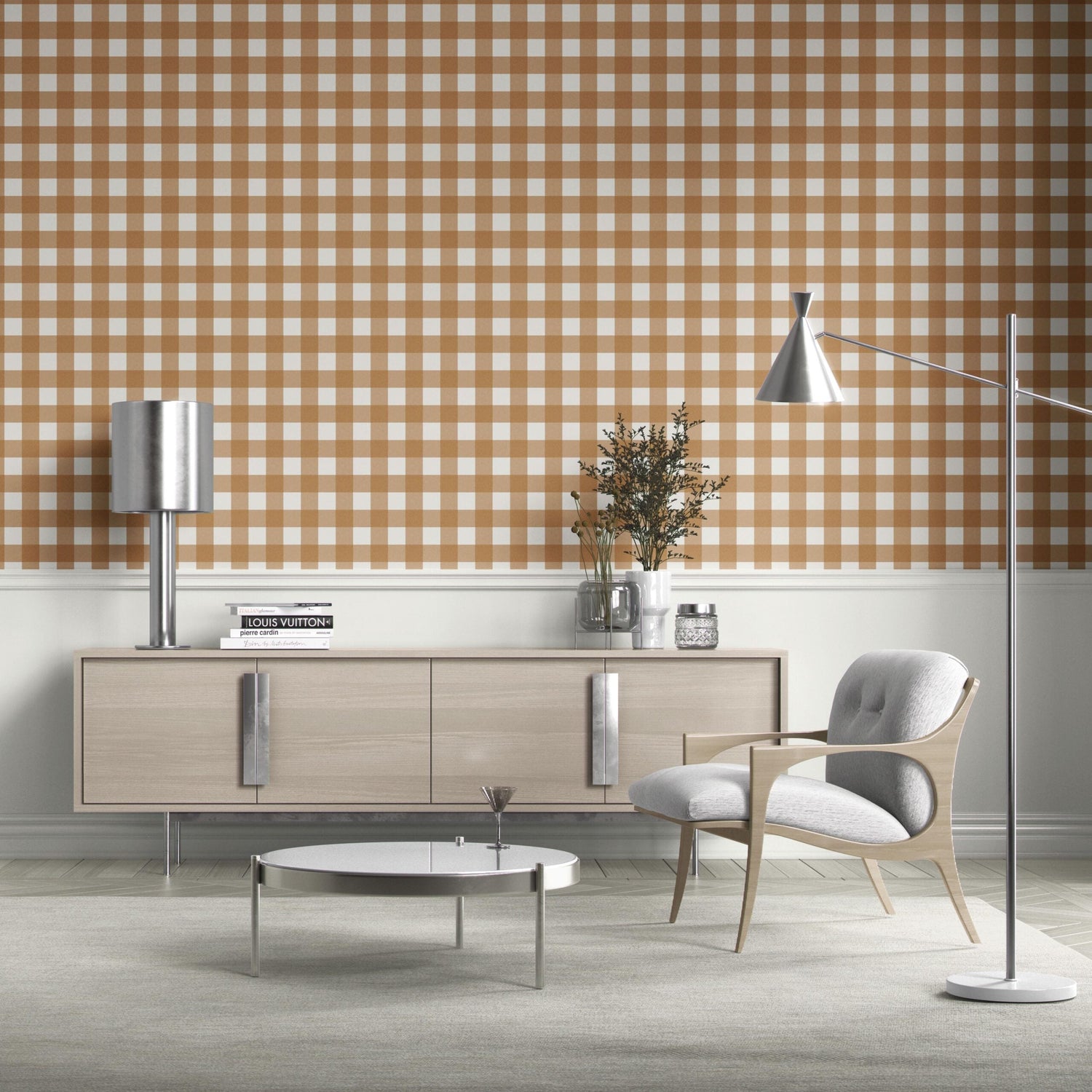 Geometric Gingham Checkered Bathroom Wallpaper (Ochre Orange)