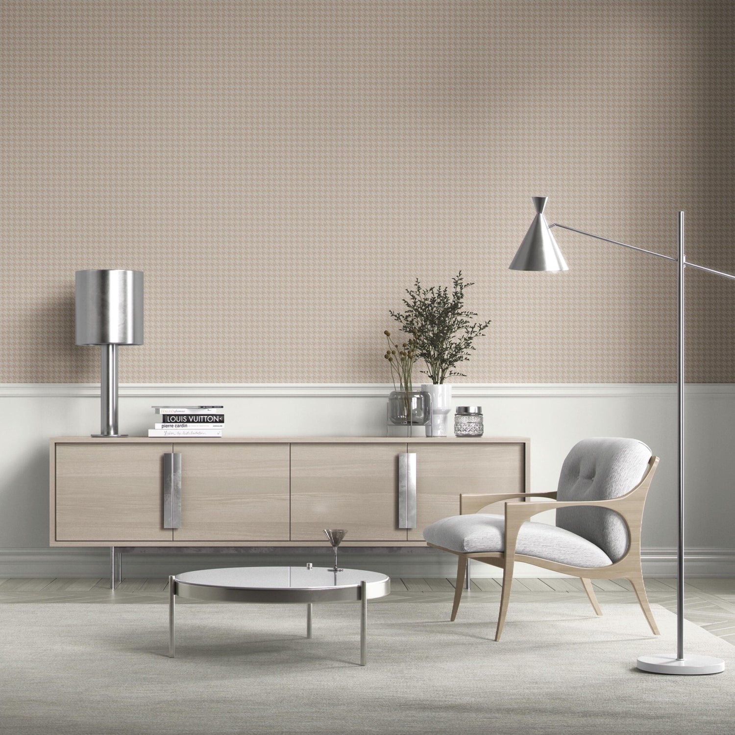 Neutral Plain/ Textured Houndstooth Kitchen Wallpaper (Stone Beige/ Greige)