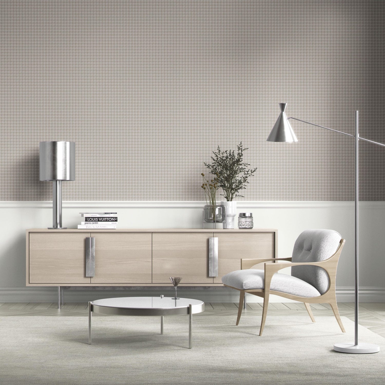 Neutral Plain/ Textured Houndstooth Kitchen Wallpaper (Pale Gray/ Greige)