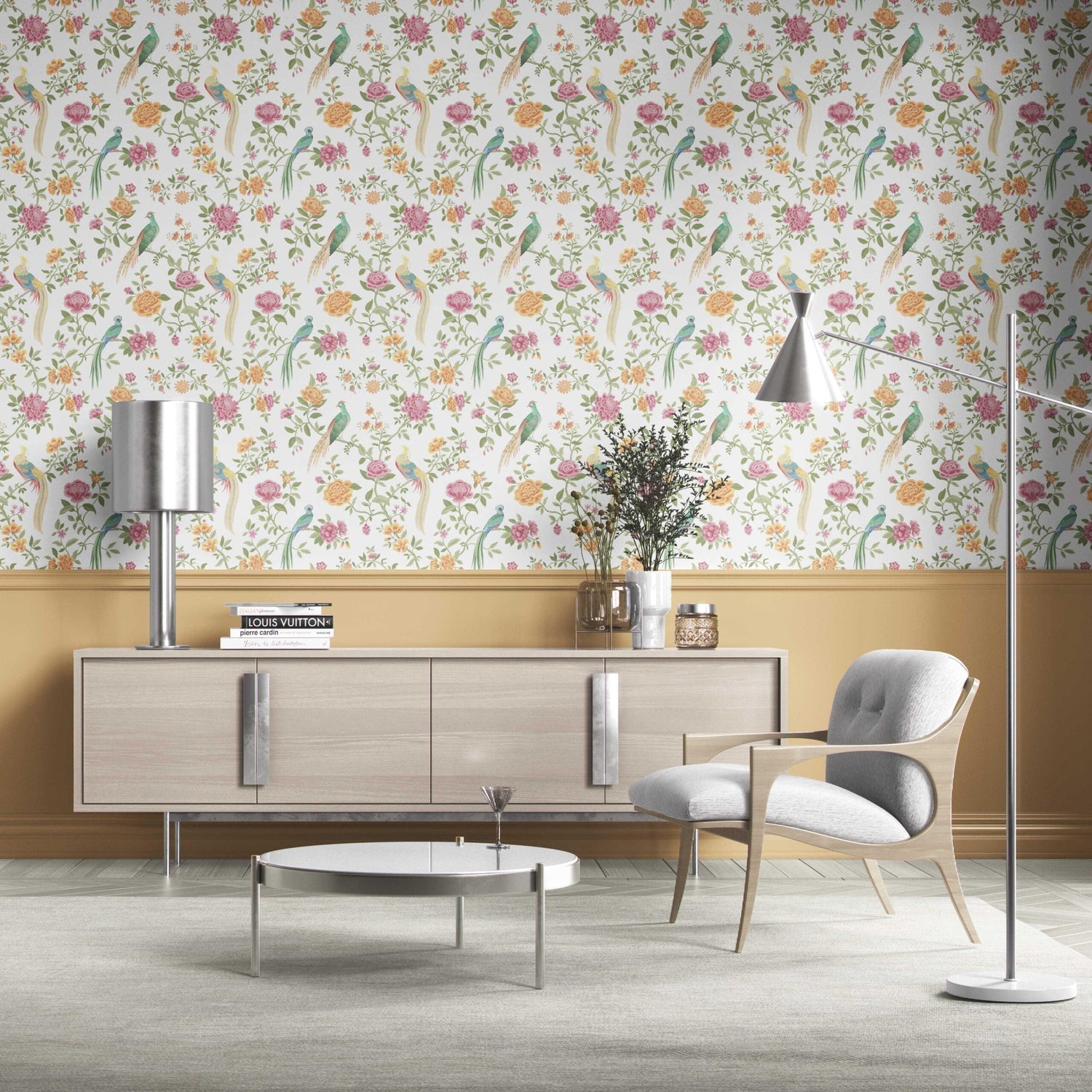 Floral Chinoiserie/ Nature Bird Print Kitchen Wallpaper (Pink/ Green/ Yellow)