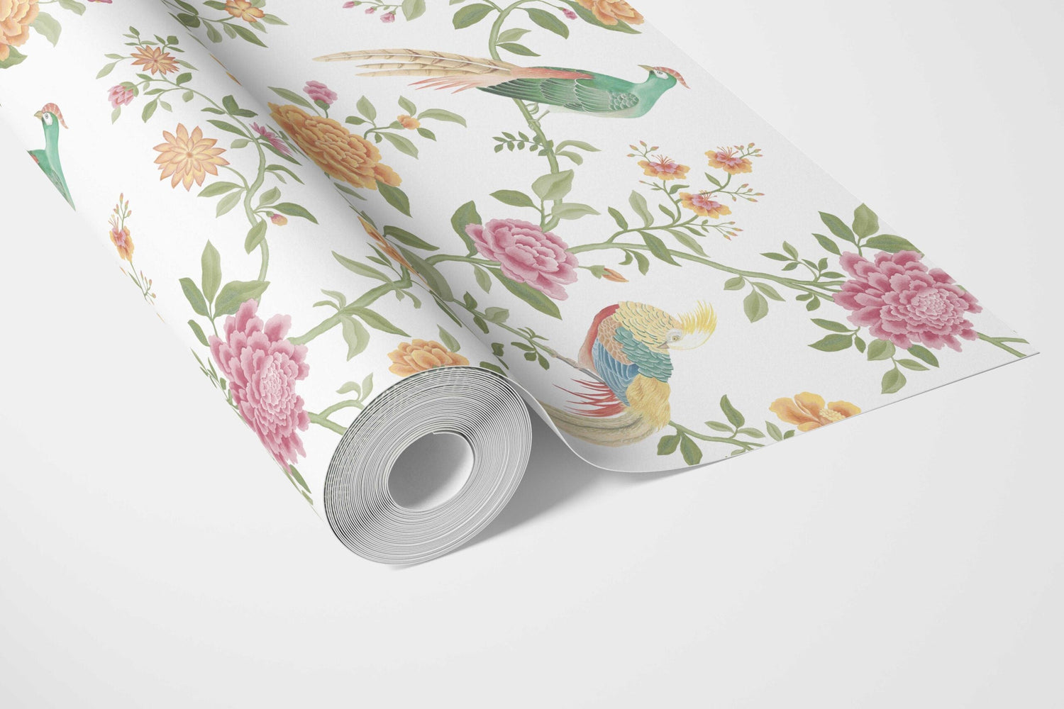 Floral Chinoiserie/ Nature Bird Print Bathroom Wallpaper (Pink/ Green/ Yellow)
