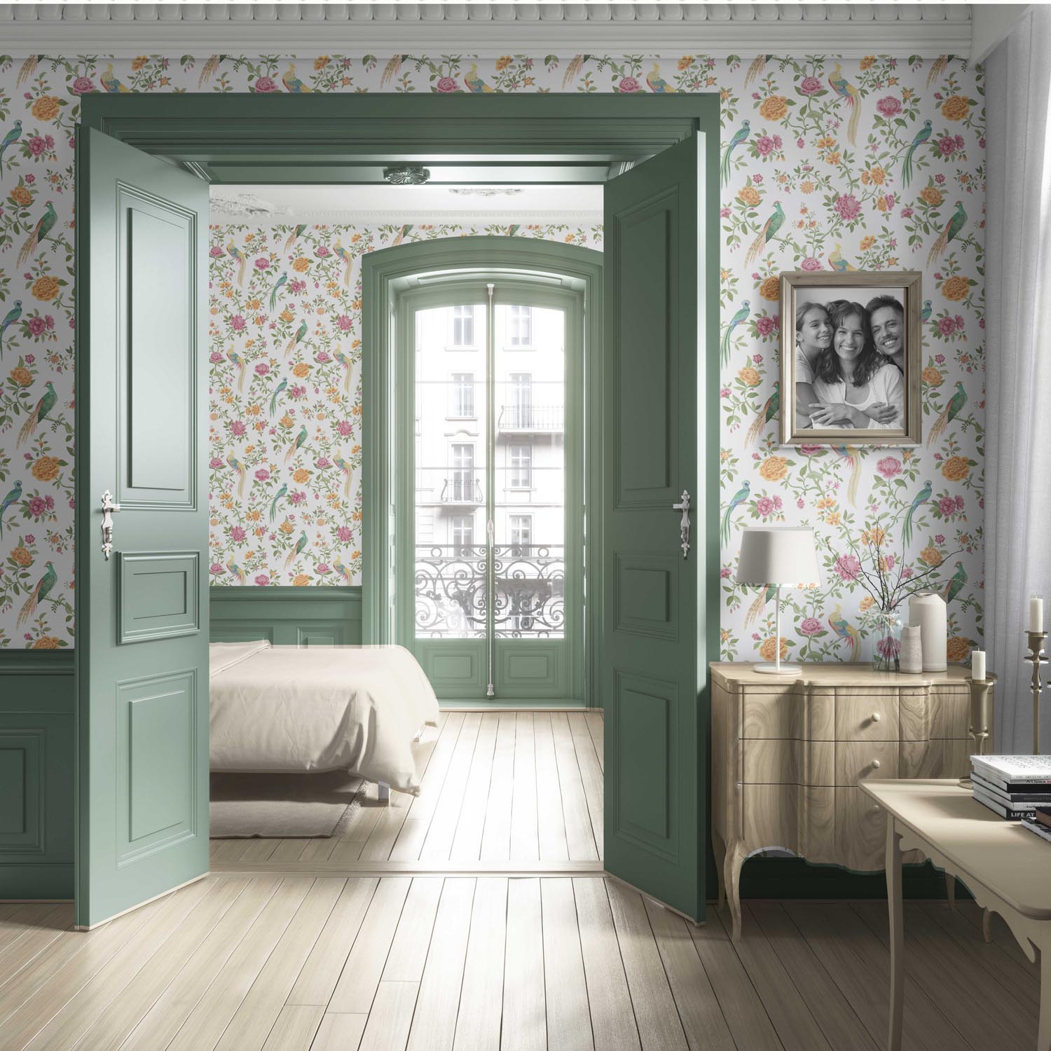 Floral Chinoiserie/ Nature Bird Print Living Room Wallpaper (Pink/ Green/ Yellow)