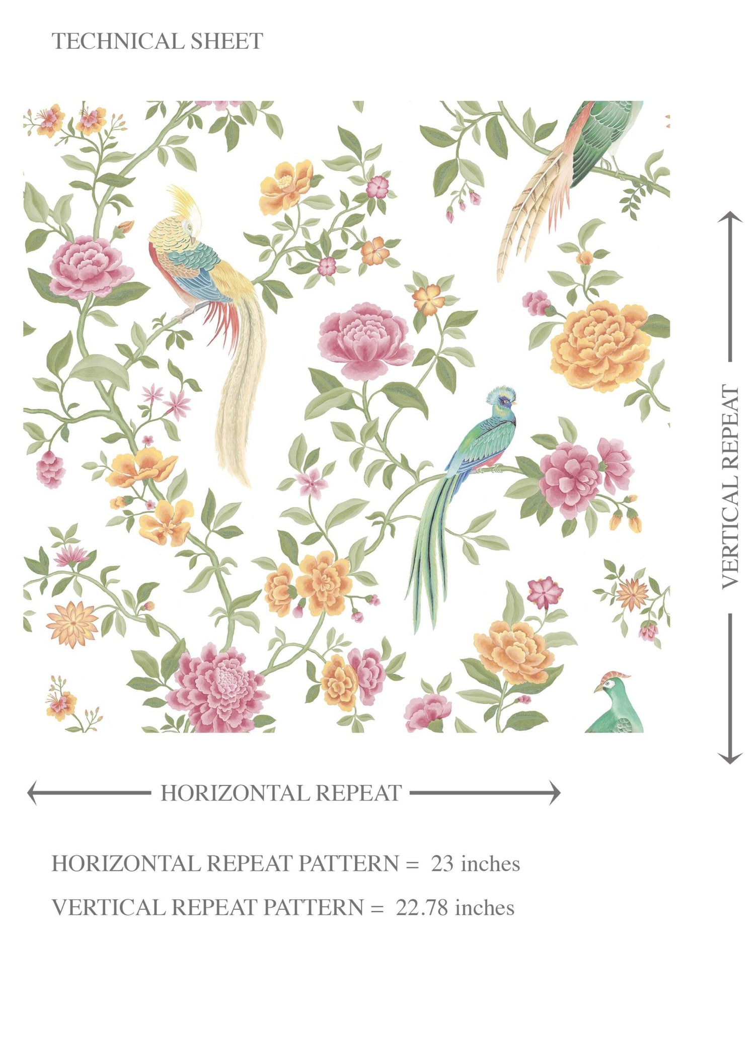 Floral Chinoiserie/ Nature Bird Print Kids Room Wallpaper (Pink/ Green/ Yellow)