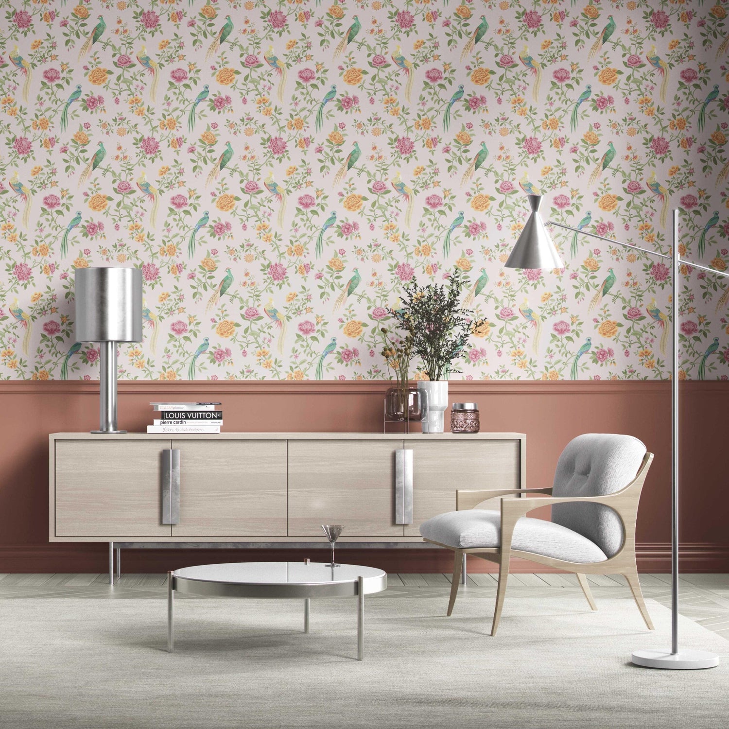 Floral Chinoiserie/ Nature Bird Print Kitchen Wallpaper (Blush Pink/ Blue/ Green/ Orange/ Yellow)