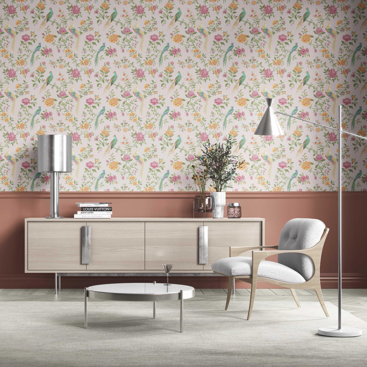 Floral Chinoiserie/ Nature Bird Print Kitchen Wallpaper (Blush Pink/ Blue/ Green/ Orange/ Yellow)