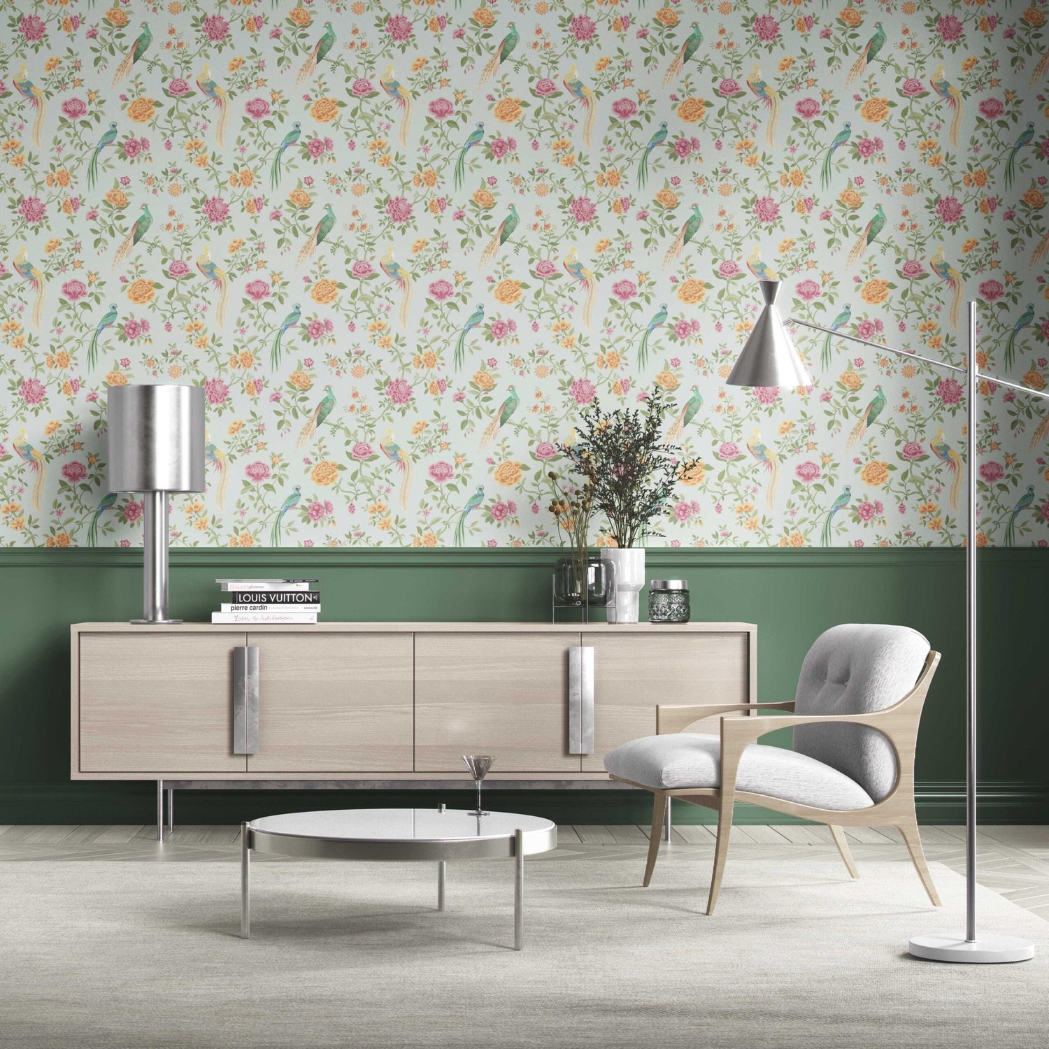 Floral Chinoiserie/ Nature Bird Print Kitchen Wallpaper (Duck Egg Blue/ Pink/ Green/ Yellow)