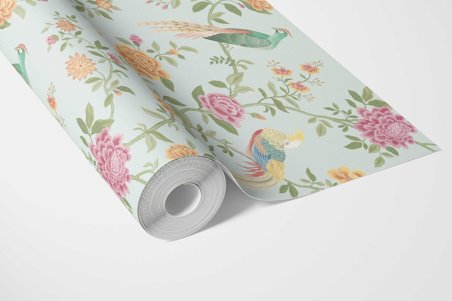 Floral Chinoiserie/ Nature Bird Print Bathroom Wallpaper (Duck Egg Blue/ Pink/ Green/ Yellow)