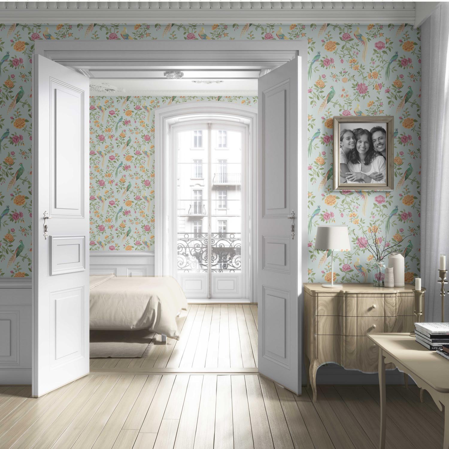 Floral Chinoiserie/ Nature Bird Print Living Room Wallpaper (Duck Egg Blue/ Pink/ Green/ Yellow)