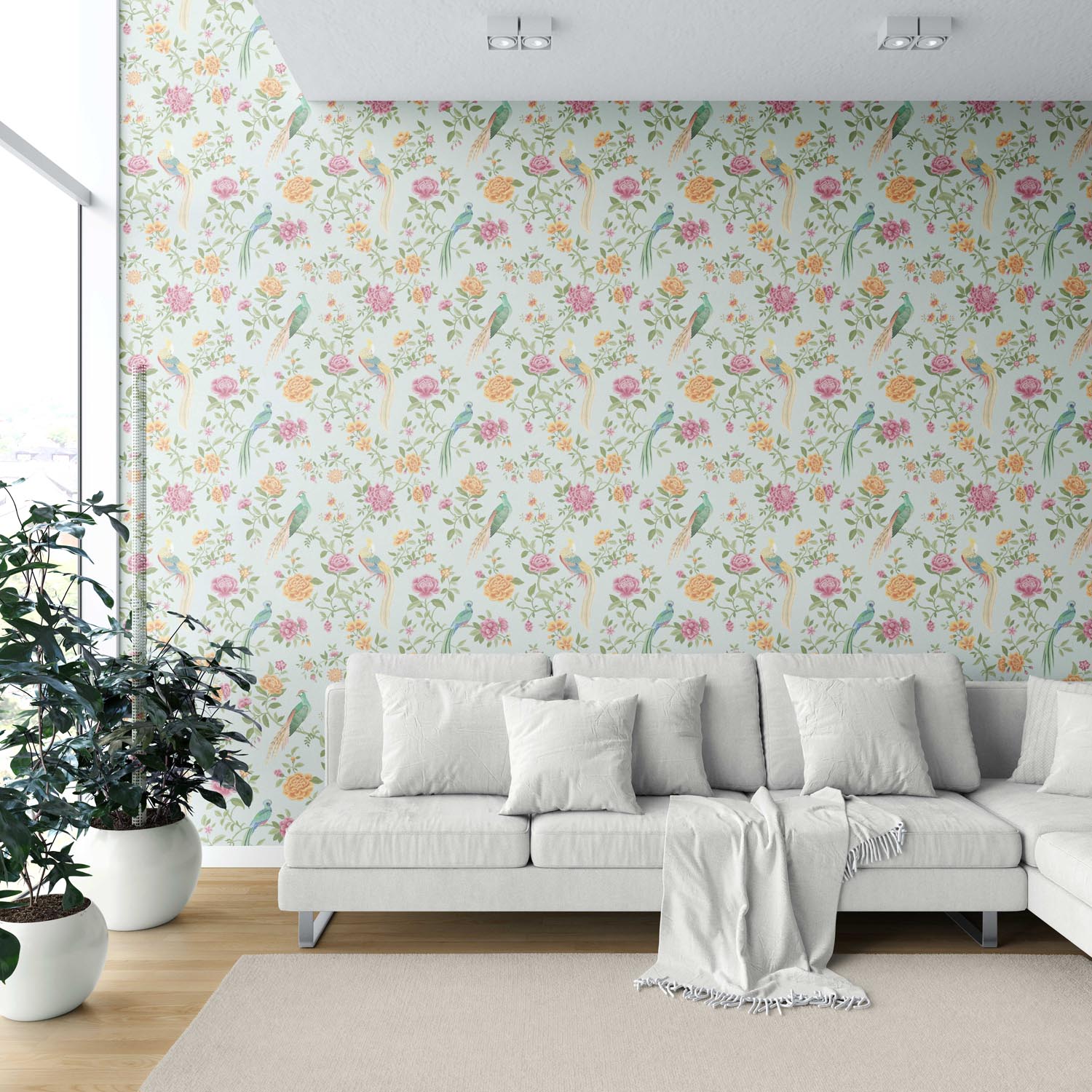 Floral Chinoiserie/ Nature Bird Print Shower Toilet Wallpaper (Duck Egg Blue/ Pink/ Green/ Yellow)