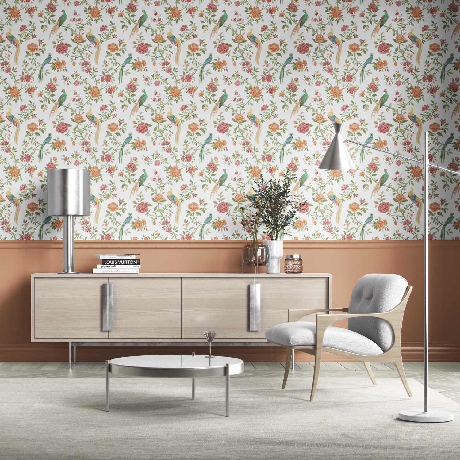 Floral Chinoiserie/ Nature Bird Print Kitchen Wallpaper (Orange/ Pink/ Blue/ Green/ Yellow)