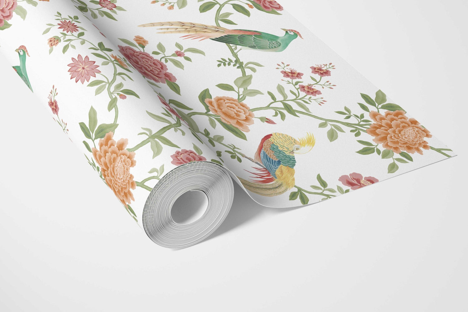 Floral Chinoiserie/ Nature Bird Print Bathroom Wallpaper (Orange/ Pink/ Blue/ Green/ Yellow)