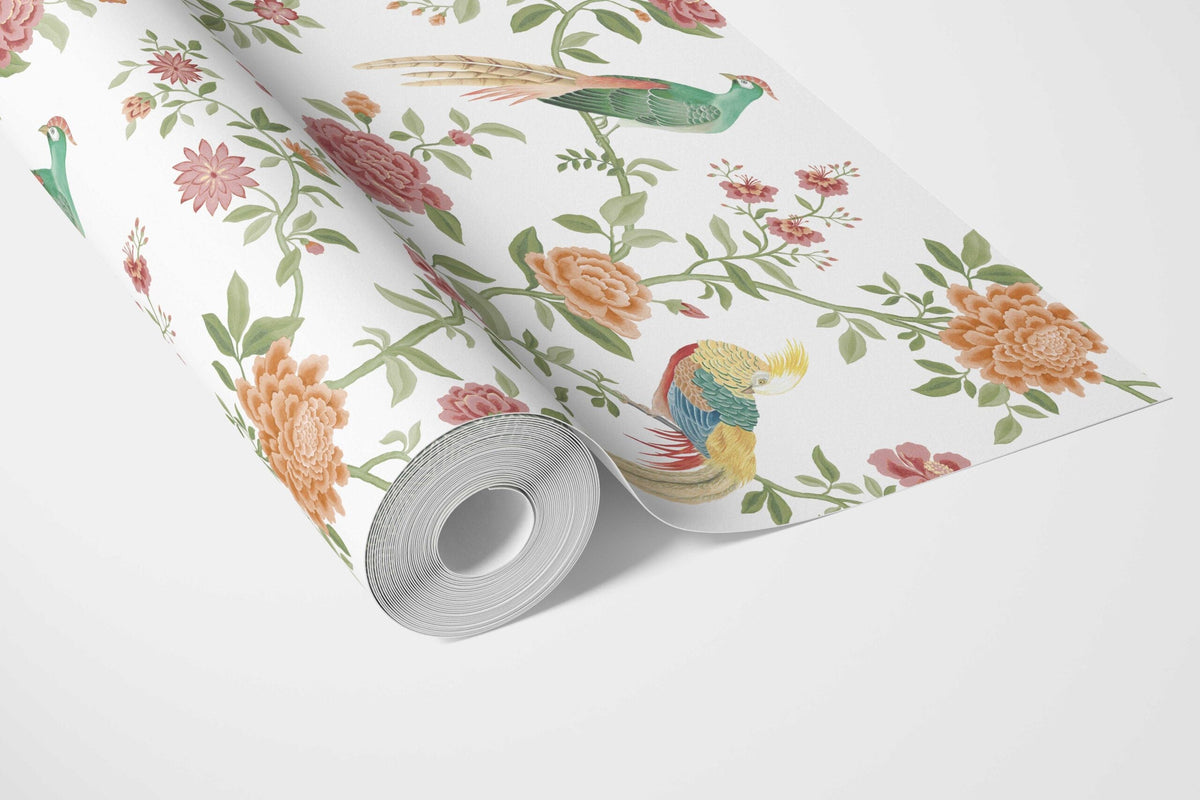 Floral Chinoiserie/ Nature Bird Print Bathroom Wallpaper (Orange/ Pink/ Blue/ Green/ Yellow)