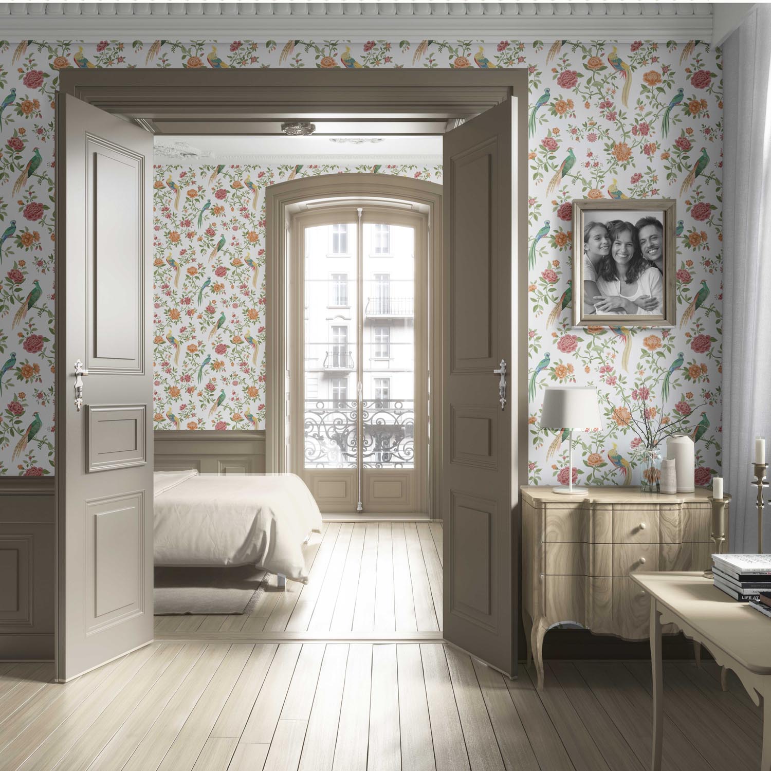 Floral Chinoiserie/ Nature Bird Print Living Room Wallpaper (Orange/ Pink/ Blue/ Green/ Yellow)