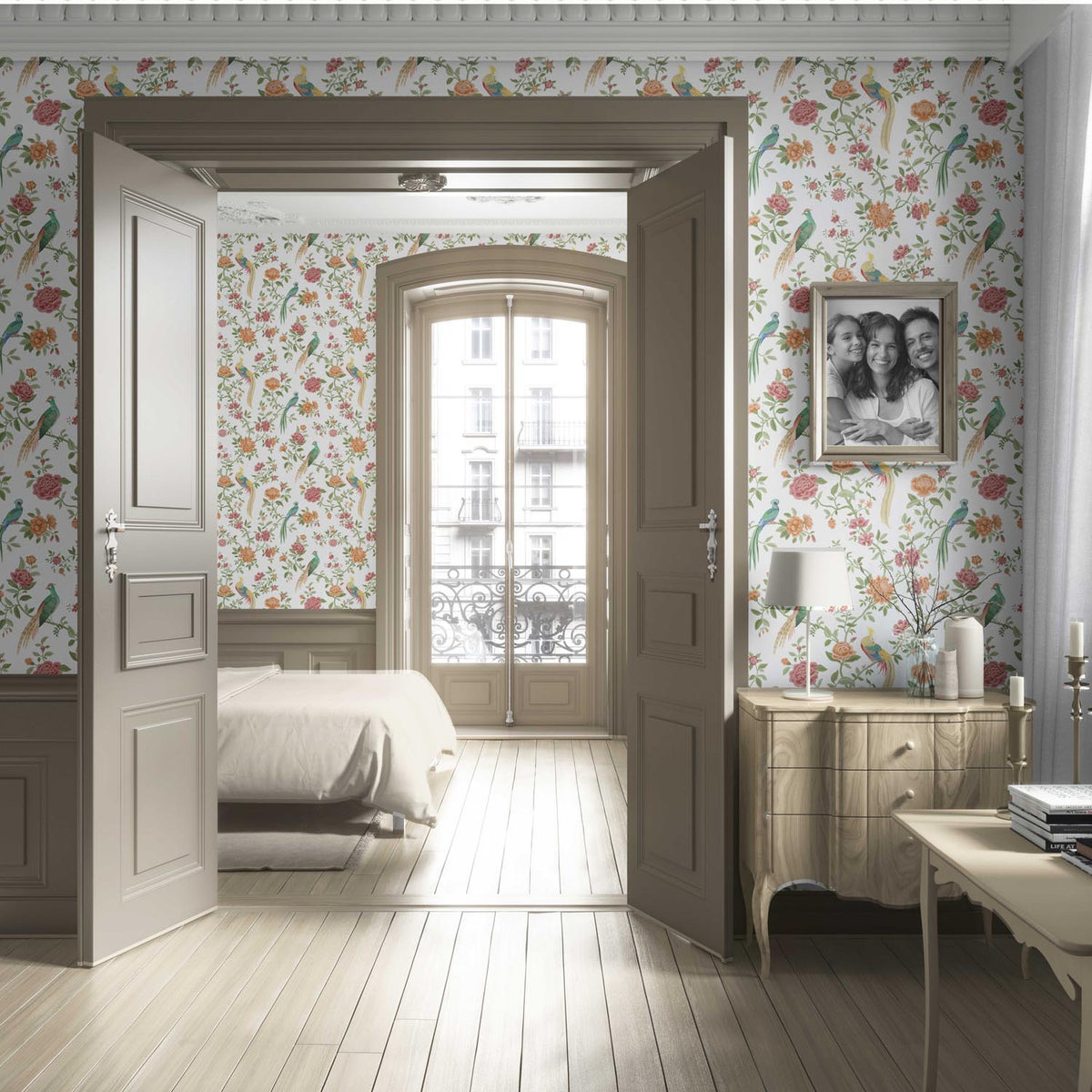 Floral Chinoiserie/ Nature Bird Print Living Room Wallpaper (Orange/ Pink/ Blue/ Green/ Yellow)