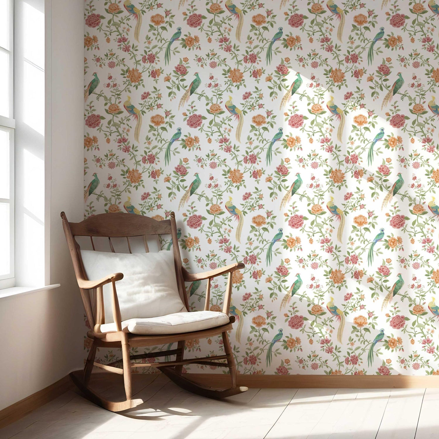 Floral Chinoiserie/ Nature Bird Print Nursery Wallpaper (Orange/ Pink/ Blue/ Green/ Yellow)